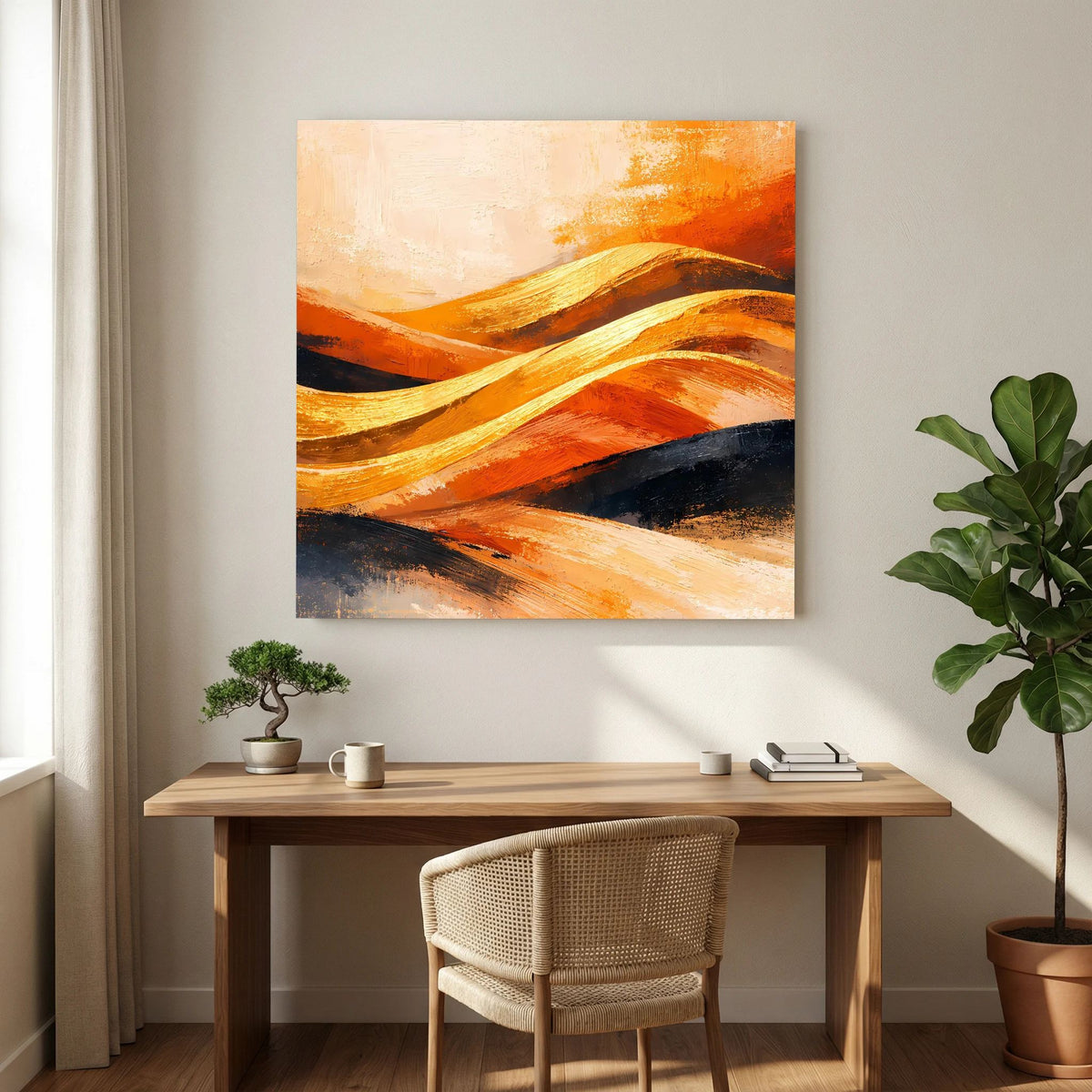 Abstraktes Leinwand-Wandbild mit goldenen Dünenbändern und beige-orangem Farbverlauf