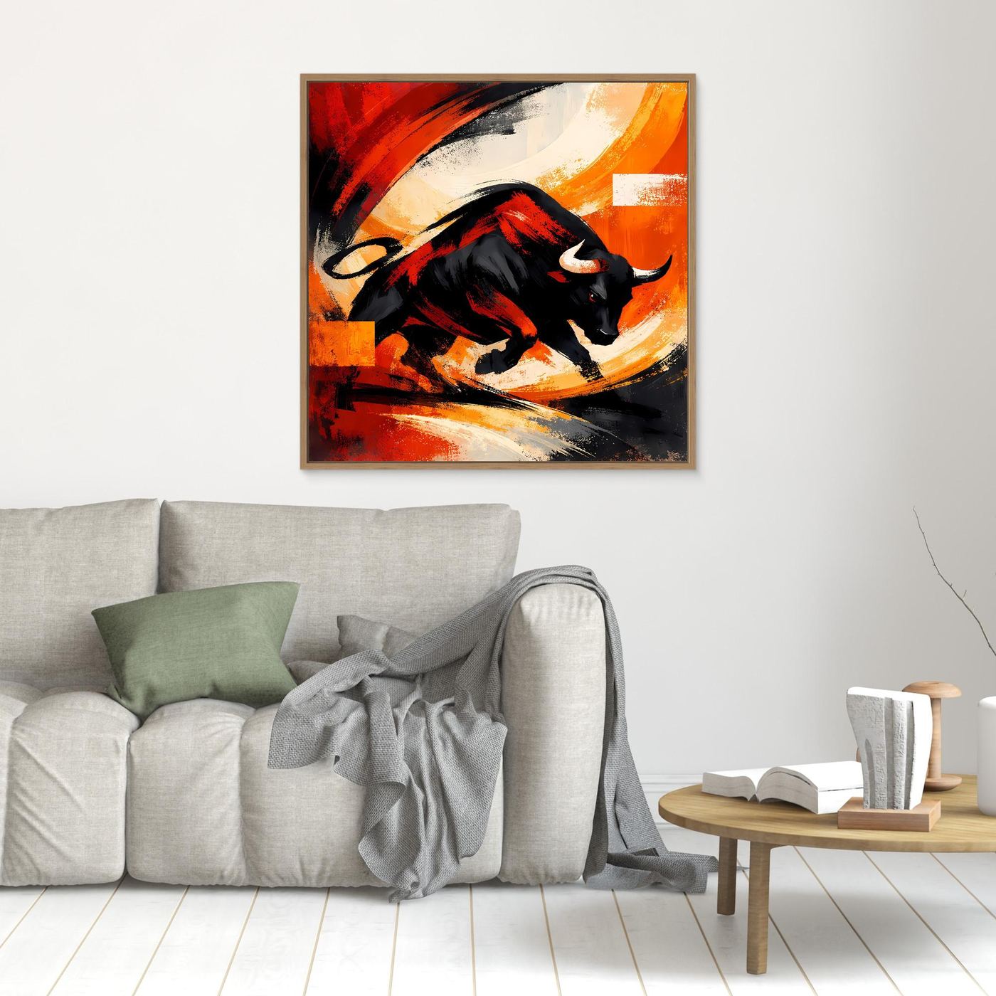 Wandbild mit schwarzem Stier in Rot-Orange-Abstrakt, im Holzrahmen