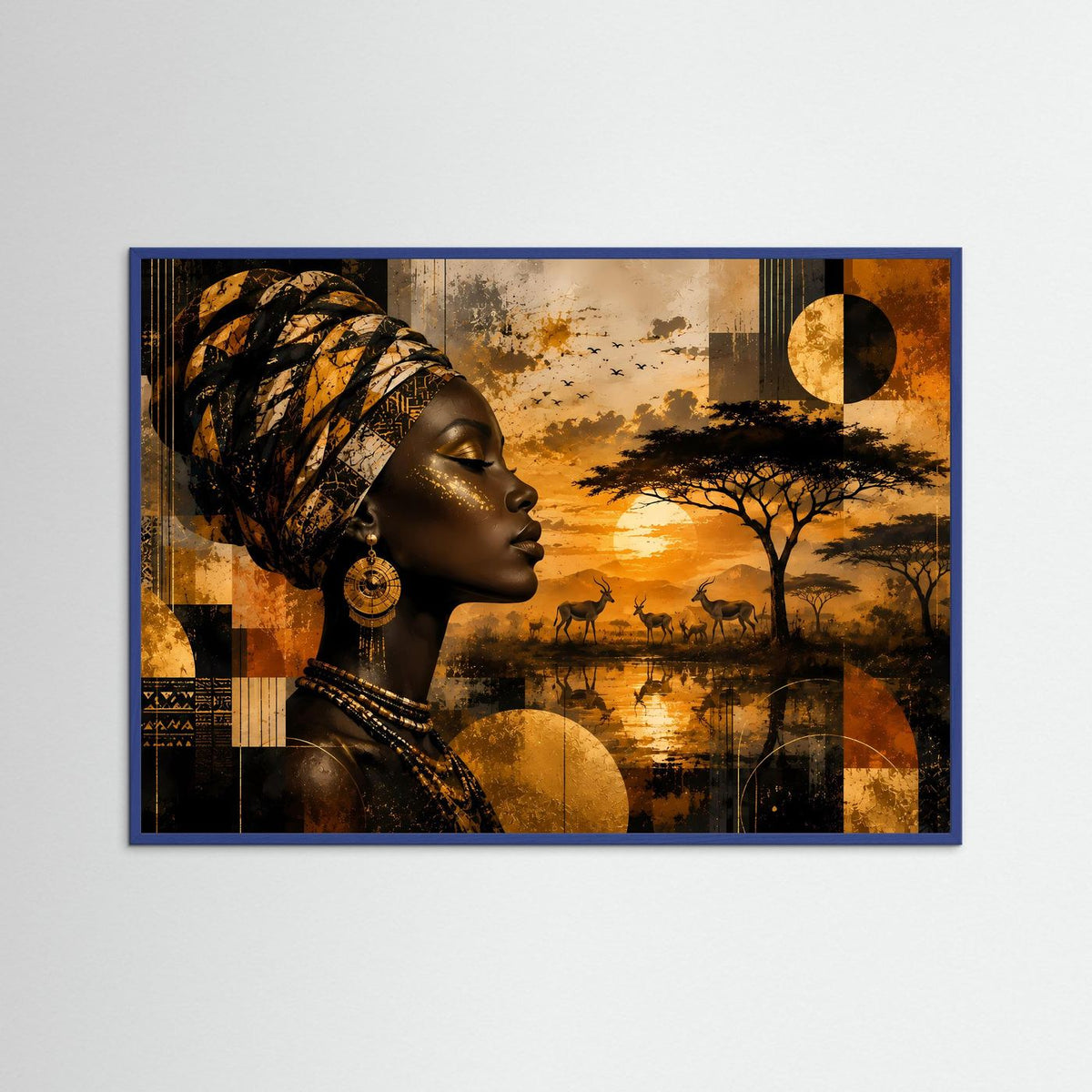 Gerahmtes Wandbild im Querformat: Seitenprofil afrikanische Frau mit goldenem Gesicht, Kopftuch und Ohrring.
