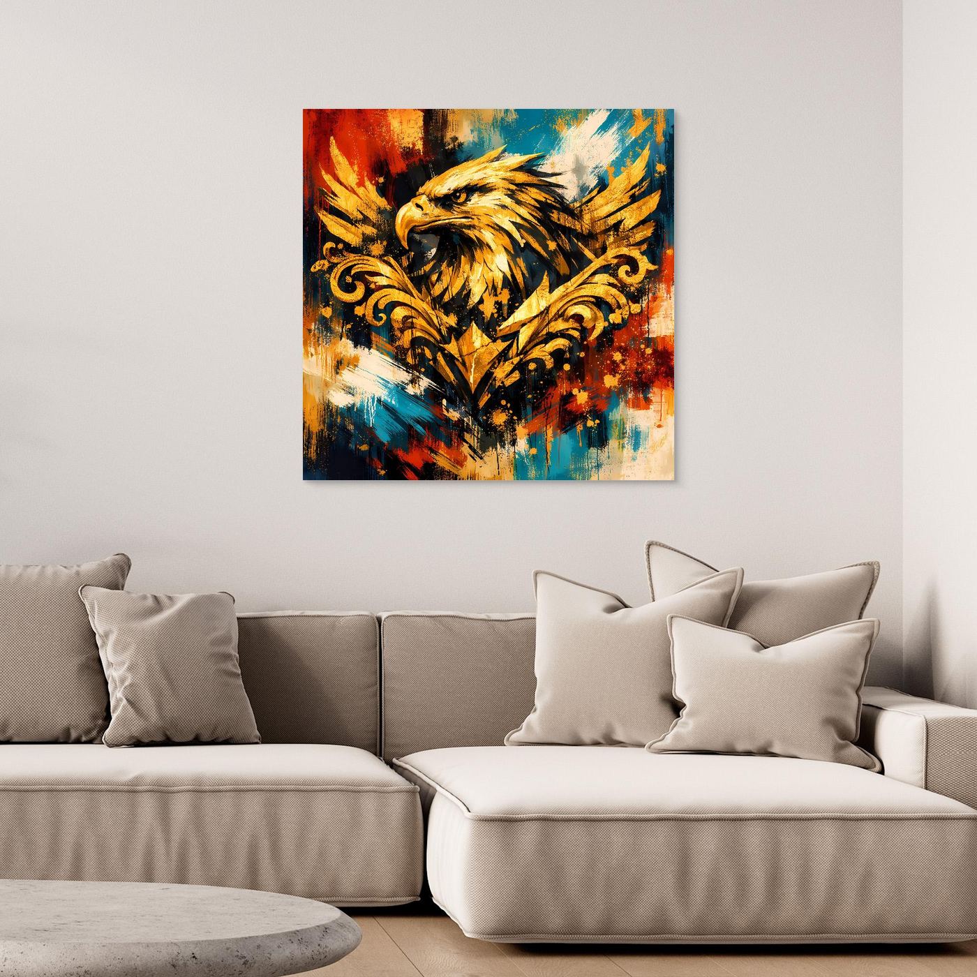 Wandbild mit goldenem Adler im Barock-Look, abstraktes Leinwandmotiv, mit schwarzem Rahmen