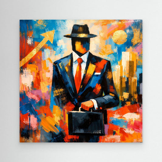 Leinwandbild mit Geschäftsmann im Hut, abstrakt buntes Business-Pop-Art-Motiv