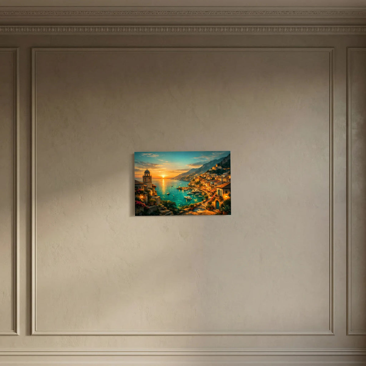 Kleines Querformat-Wandbild mit Küstenstadt, Meer und Sonnenuntergang im mediterranen Stil
