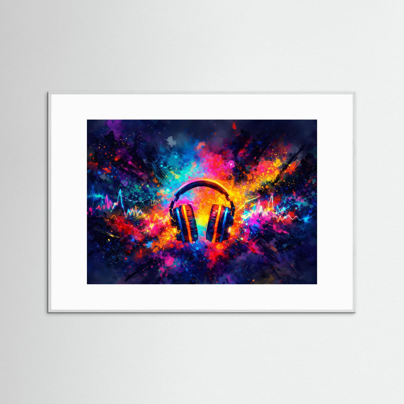 Querformatiges Kopfhörer-Kunstposter mit buntem Soundwave-Motiv im weißem Rahmen
