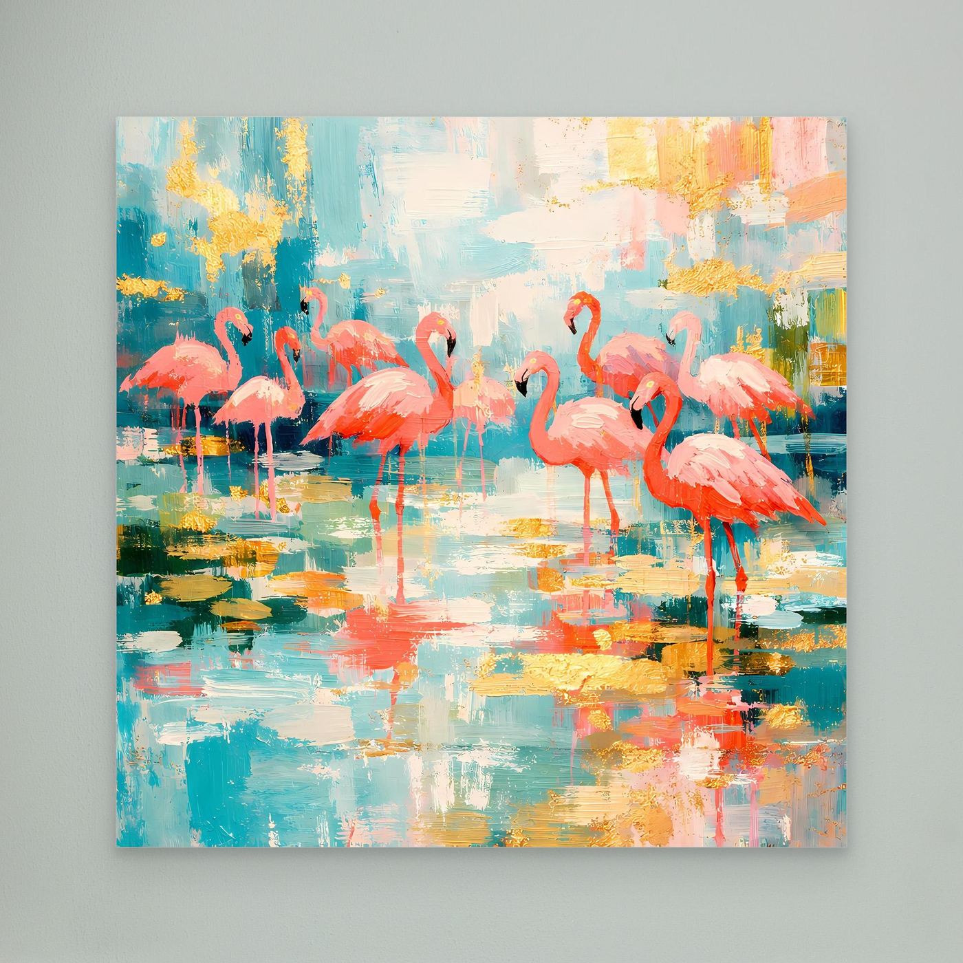 Leinwandbild mit rosa Flamingos und Spiegelungen, ohne Rahmen