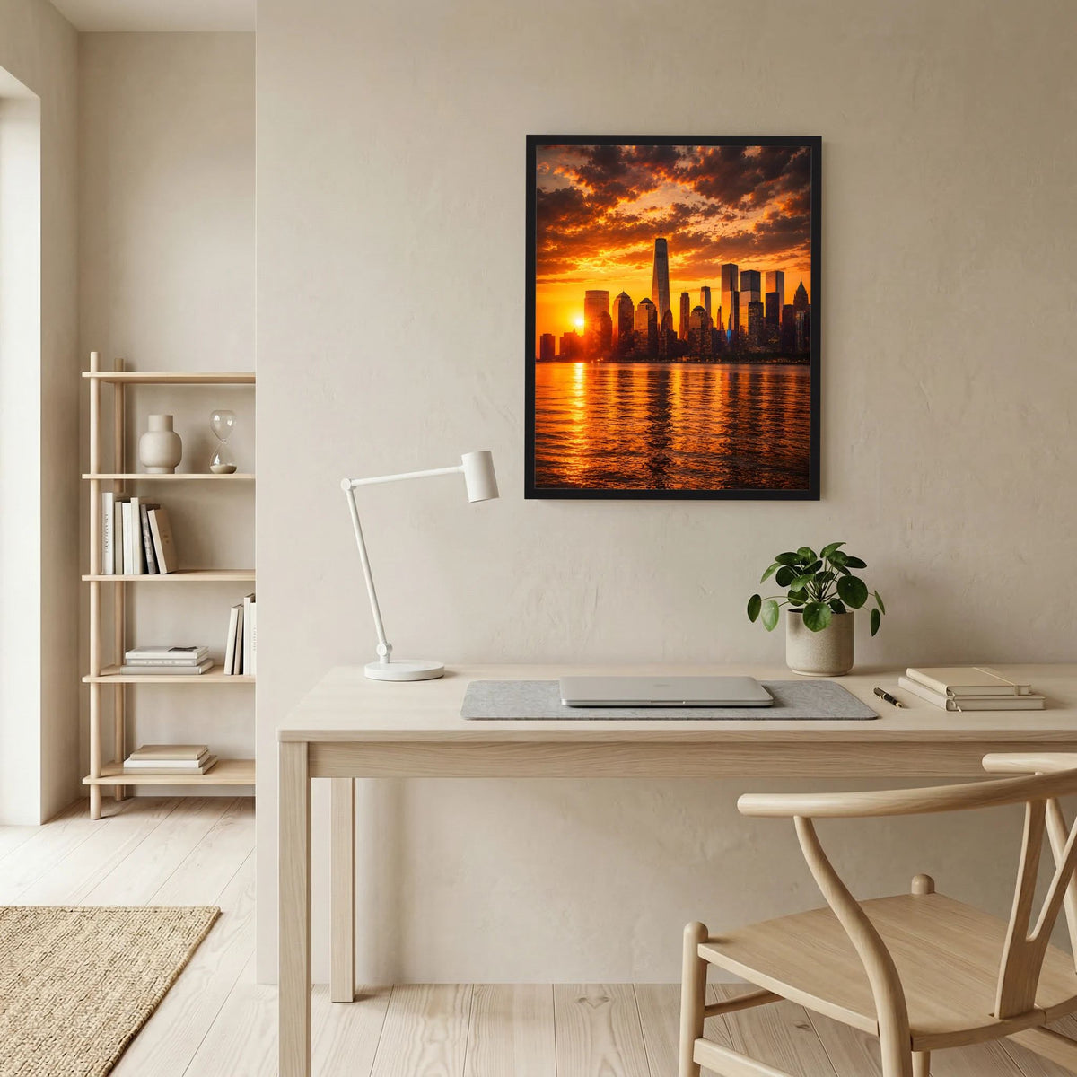 Hochformatiges Poster mit Skyline bei Sonnenuntergang über Wasser, schwarz gerahmt