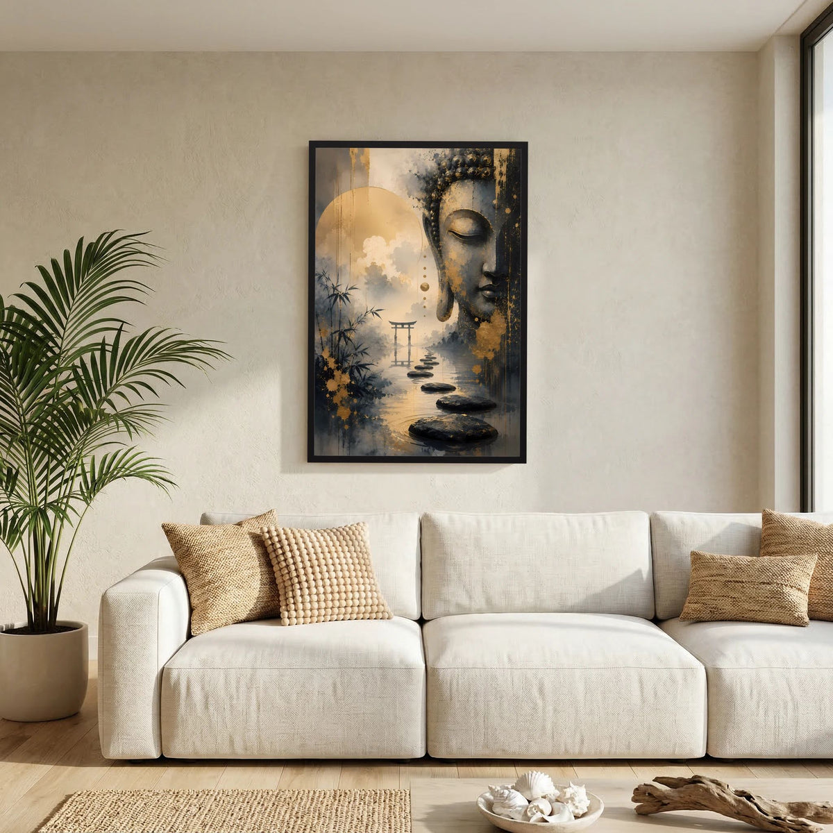 Poster mit Buddha-Profil in Gold und Schwarz, umgeben von Steinen und Wasser