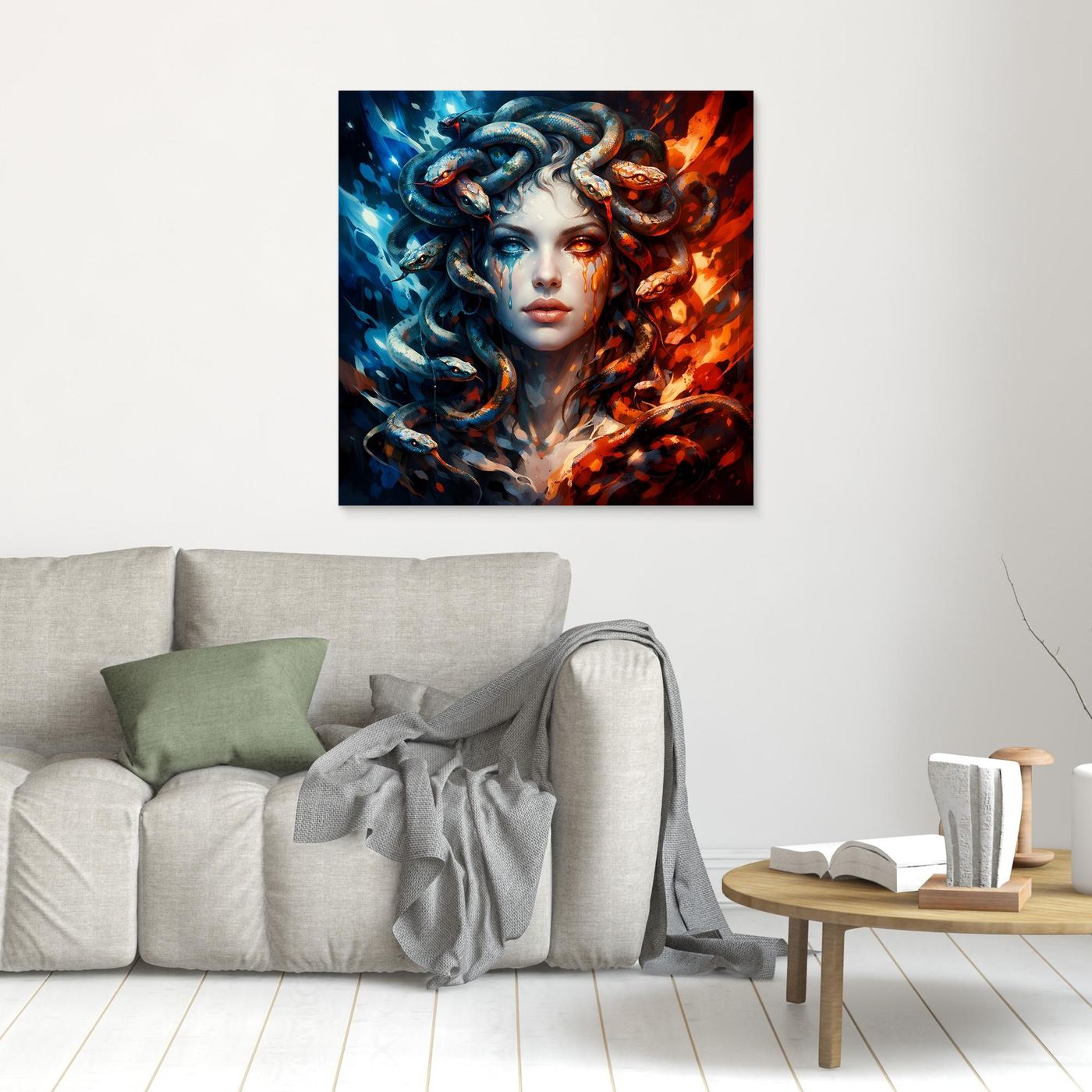 Leinwand Mystische Medusa im Feuer- und Eis-Kontrast | Modernes Fantasy Wandbild