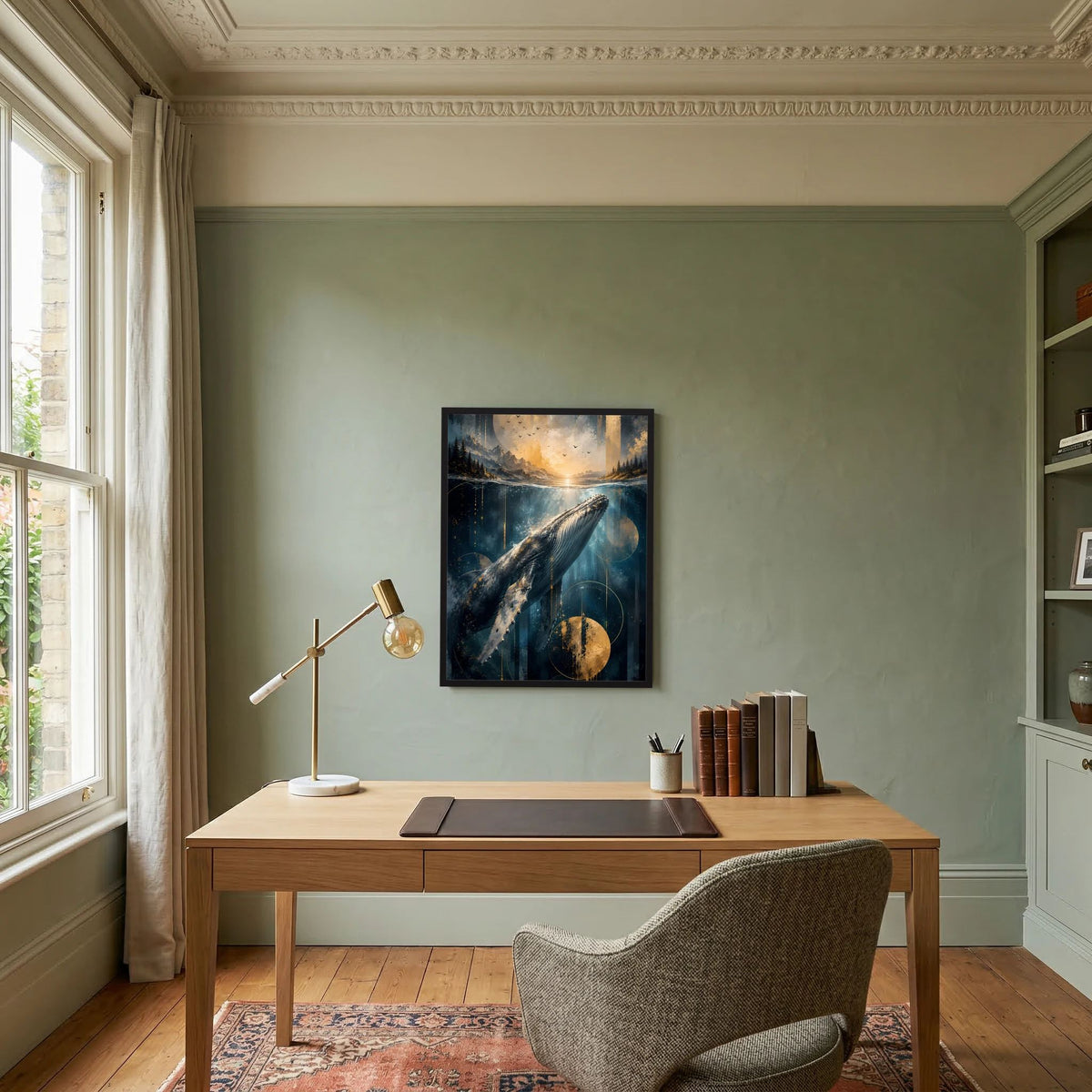 Gerahmtes Hochformat-Poster mit Pottwal unter Wasser, blau und gold, runde Kugel