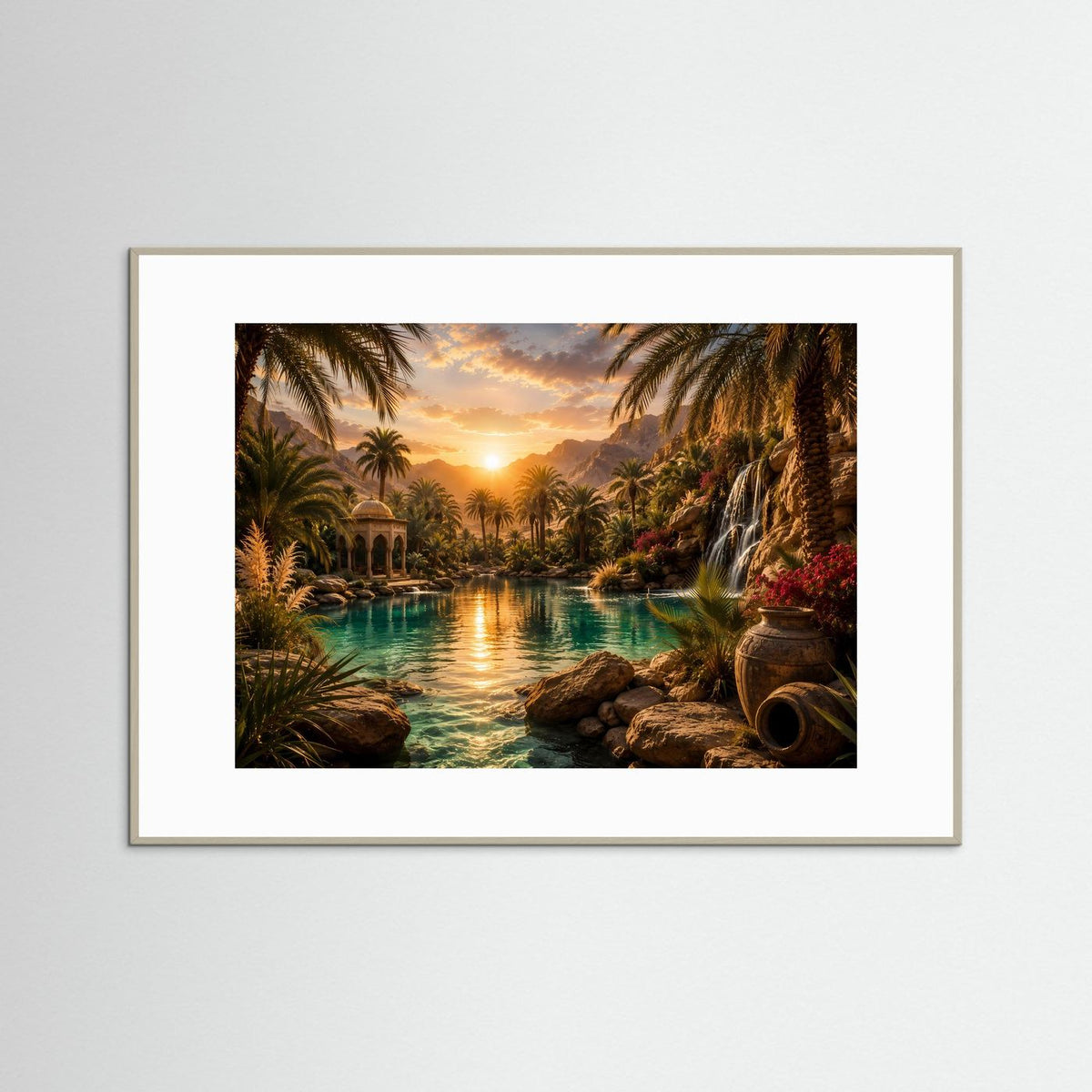Gerahmtes Querformat-Poster mit tropischer Flusslandschaft und Wasserfall bei Sonnenuntergang, hellgrau gerahmt