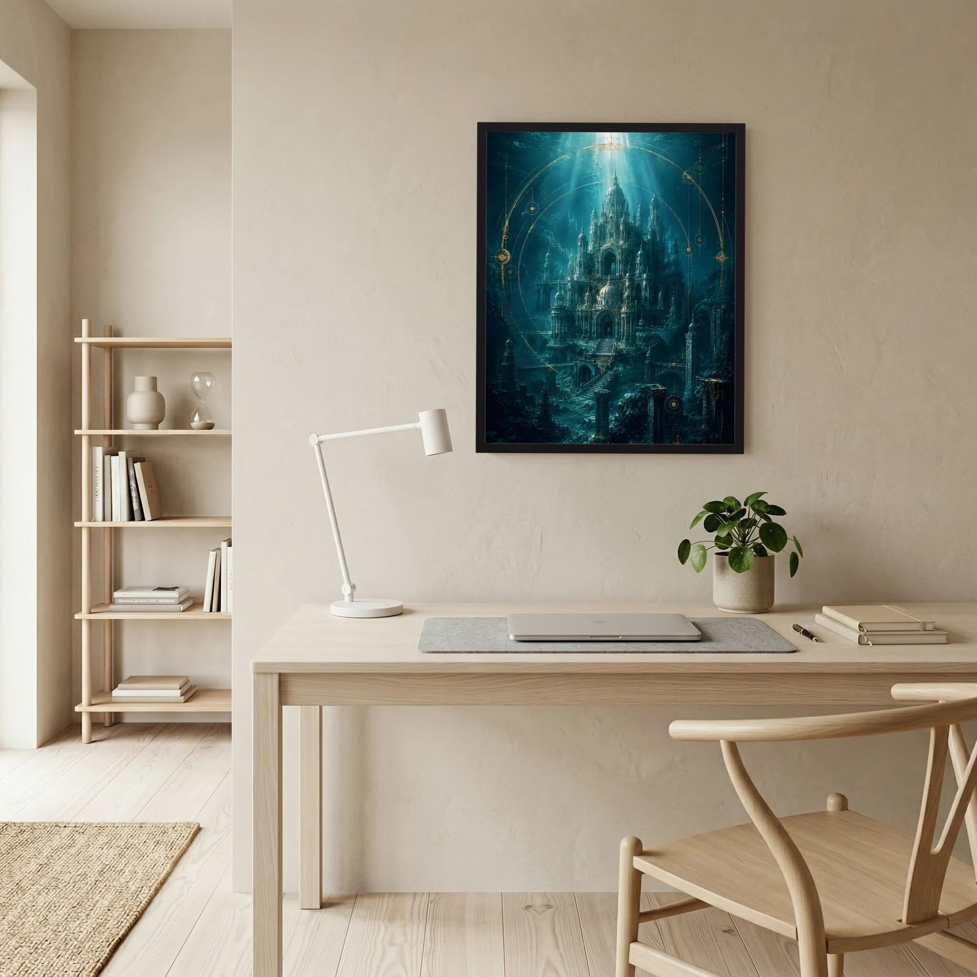 Gerahmtes Kunstposter mit Unterwasserstadt in Türkis und Gold, Leuchtstrahl im Zentrum