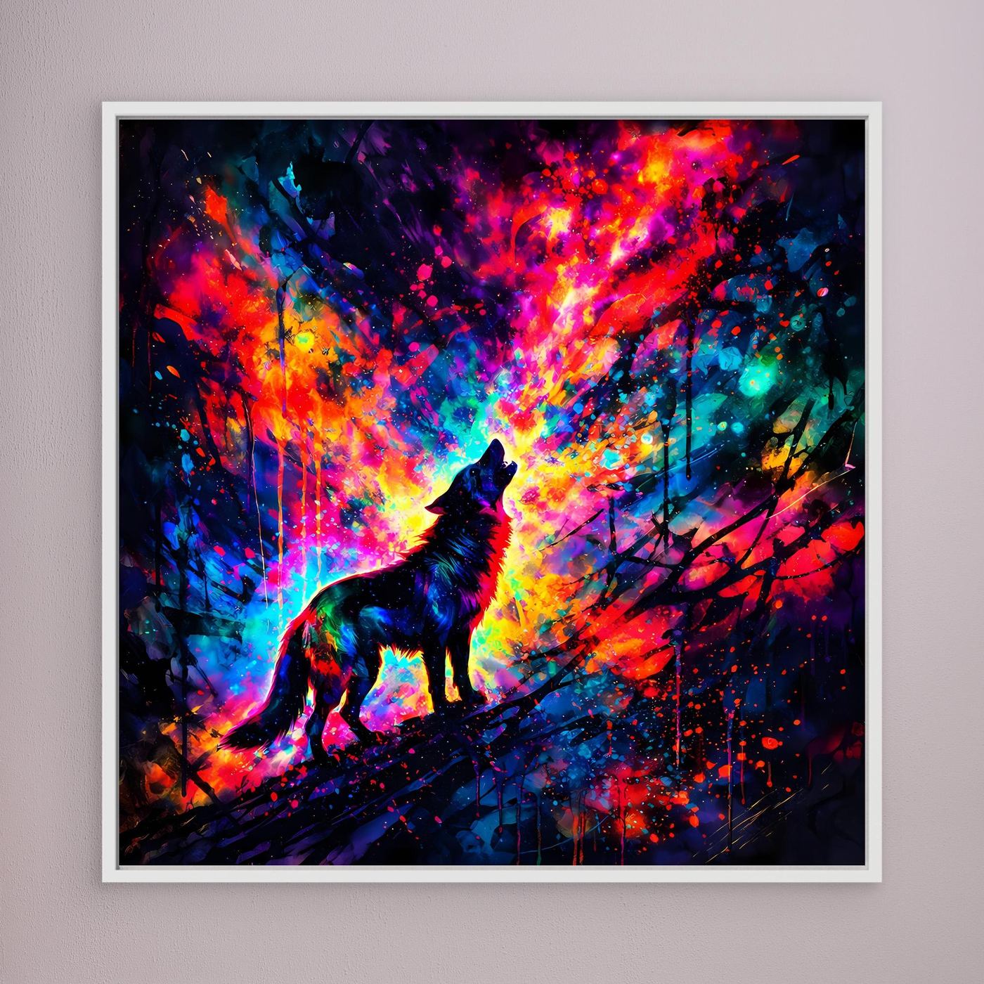 Leinwandbild: heulender Wolf farbenfroh, weiß gerahmt, abstrakte Landschaft mit Lichtkranz