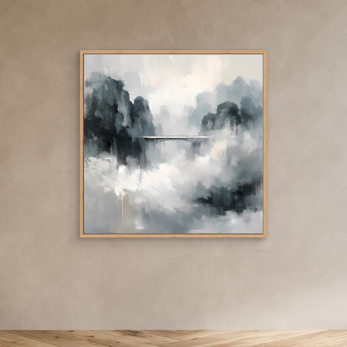 Leinwand Mystische Bergbrücke im Nebel | Abstraktes Natur Wandbild Grau