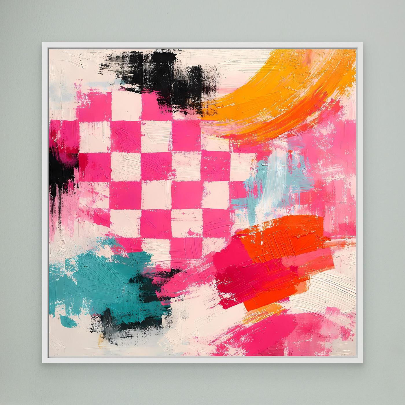 Abstraktes Leinwand-Wandbild mit Schachbrettmuster, pink-gelb-grün, weiß gerahmt.