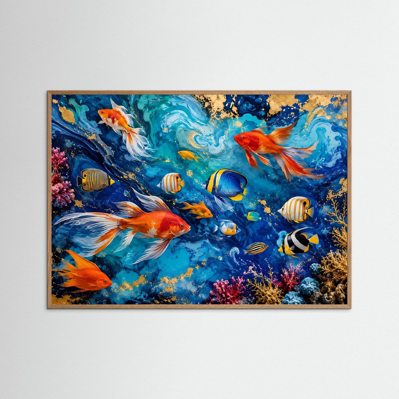 Ozean-Fische in Blau & Gold | Modernes Wandbild mit Fluid Art & Korallenriff
