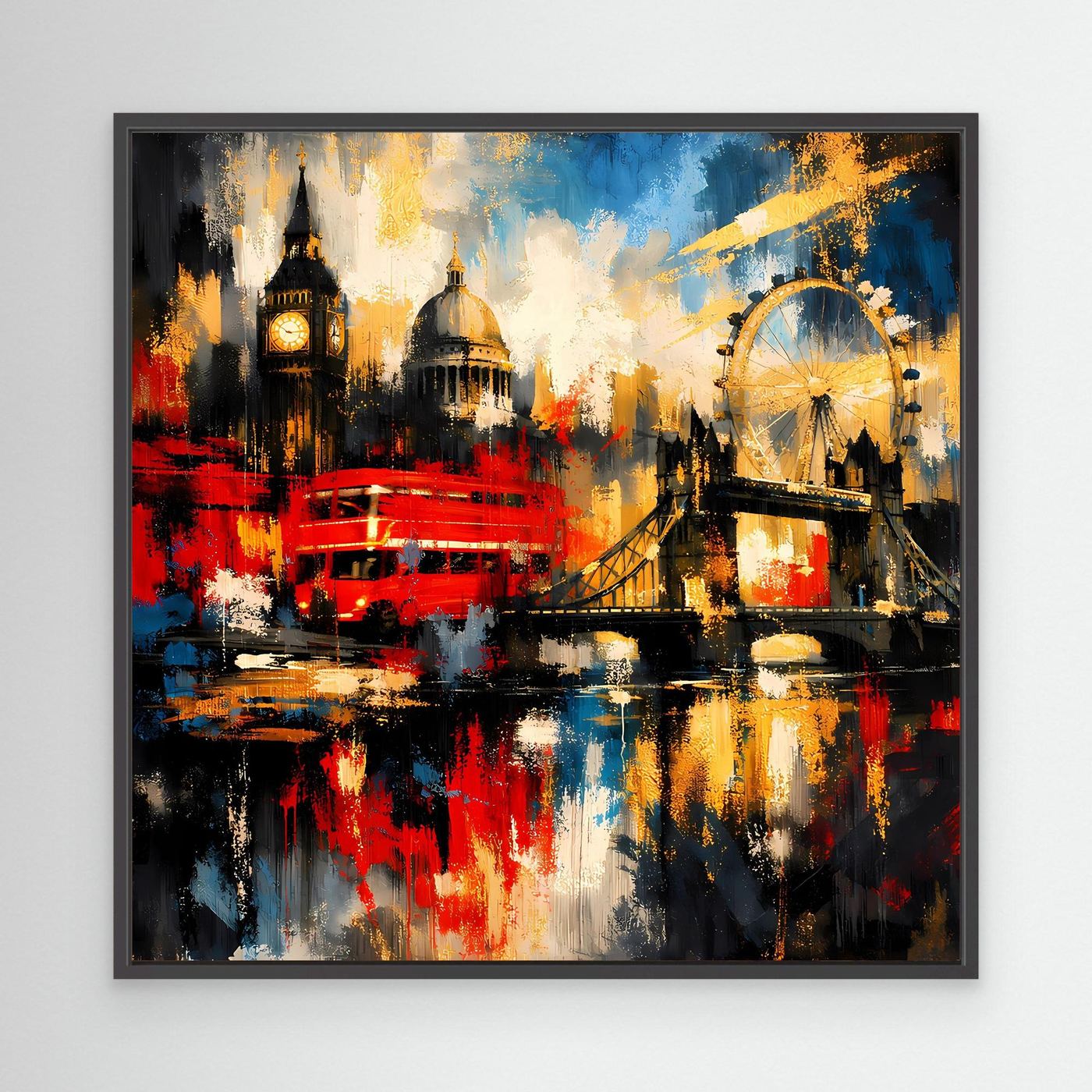 Leinwandbild abstrakte London-Skyline, bunt mit rotem Bus, Riesenrad und Reflexionen, schwarzer Rahmen