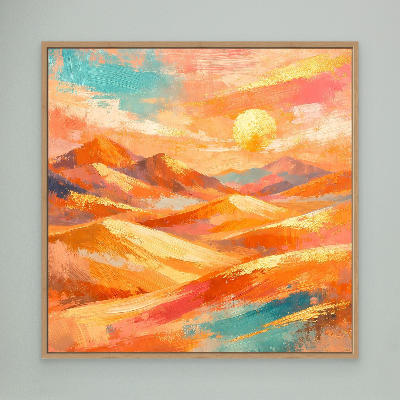 Leinwandbild abstrakte Wüstenlandschaft mit Sonne, Bergzügen und Eichenholzrahmen
