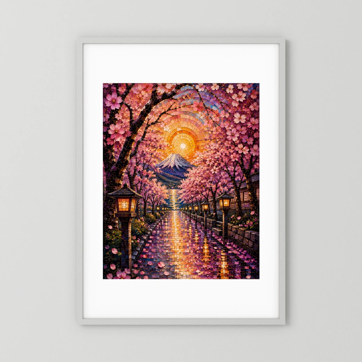 Kirschblütenweg zum Fuji | Japanisches Mosaik mit Sakura & Laternen | Poster Hochformat
