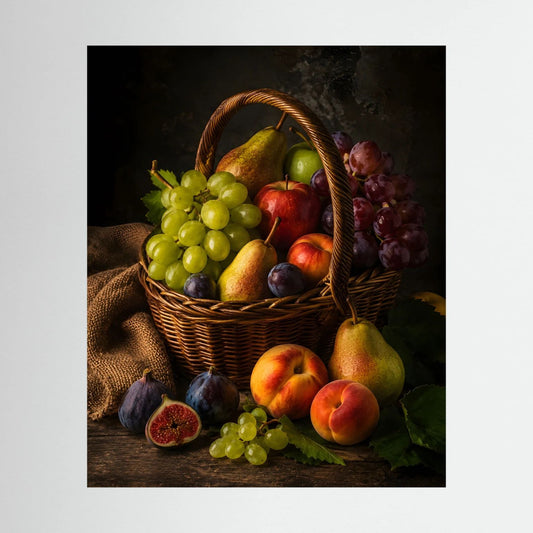 Obstkorb-Poster mit Trauben, Äpfeln und Birnen im Weidenkorb, hochkant.