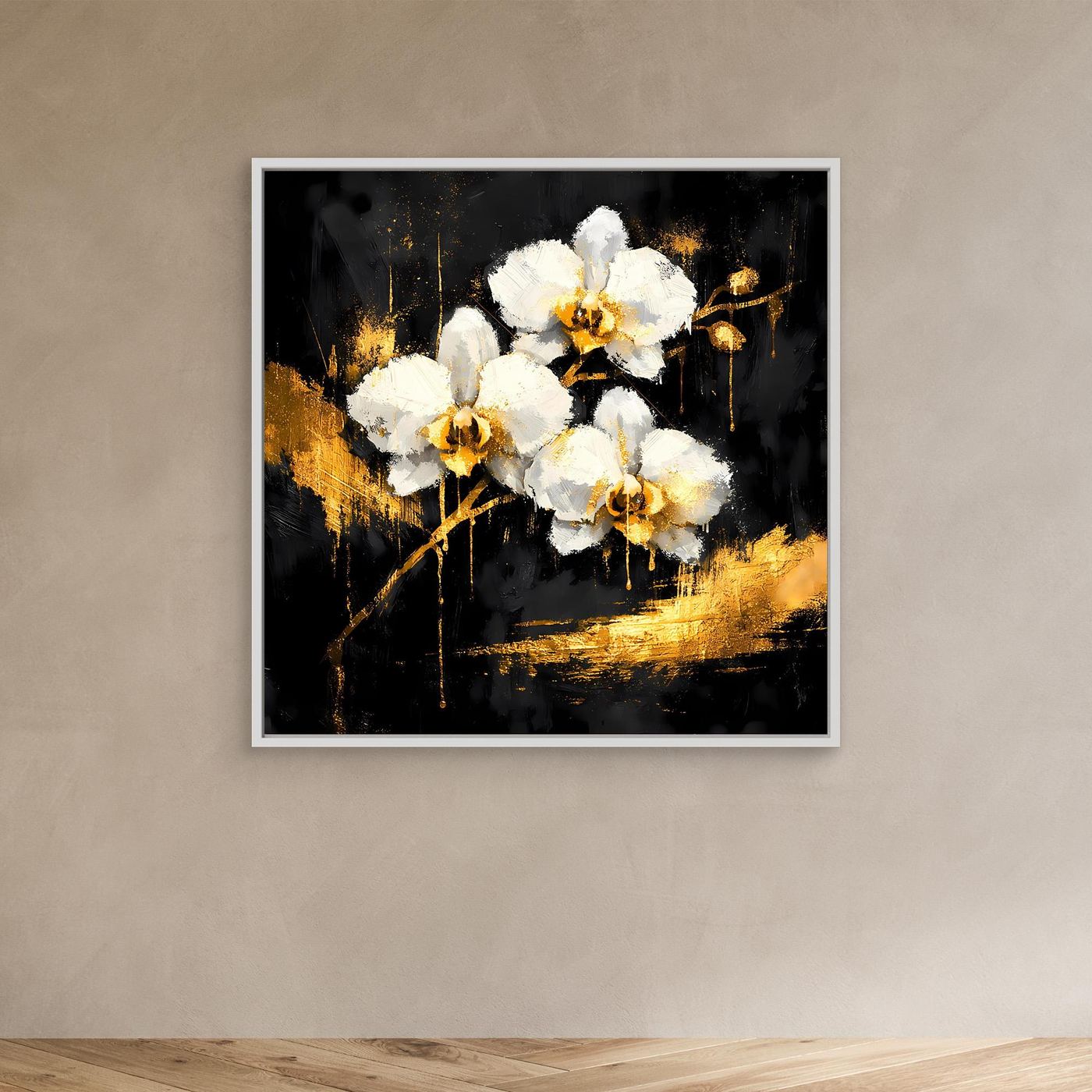 Leinwand Elegante Orchideen in Gold und Schwarz | Modernes Florales Luxus Wandbild