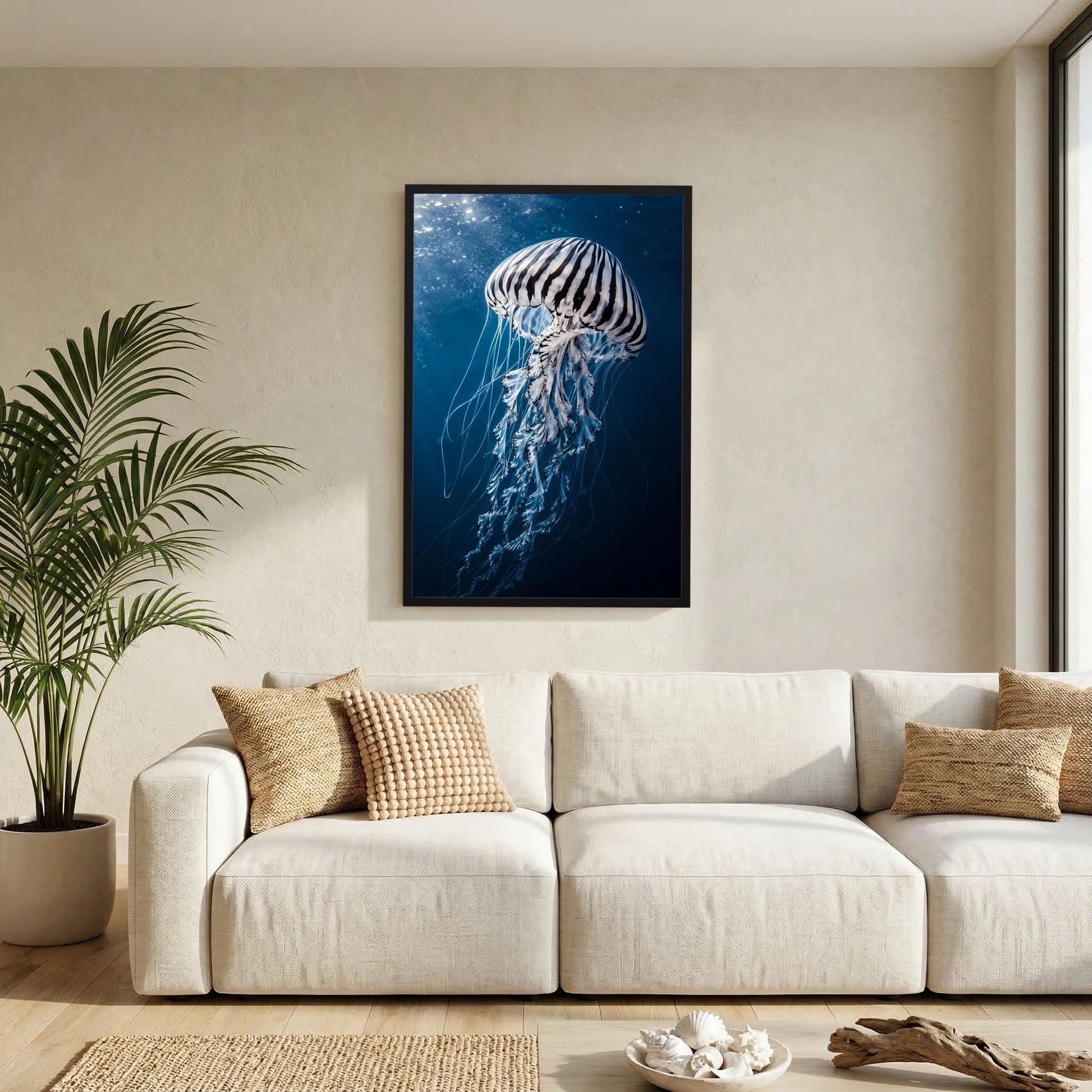 Poster mit Qualle im Blau, schwarz gerahmt
