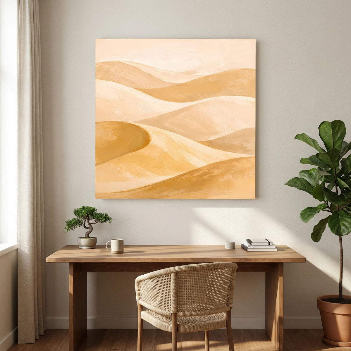 Quadratisches Leinwand-Wandbild mit abstrakten Wüstendünen in Beige, Sand und Goldocker