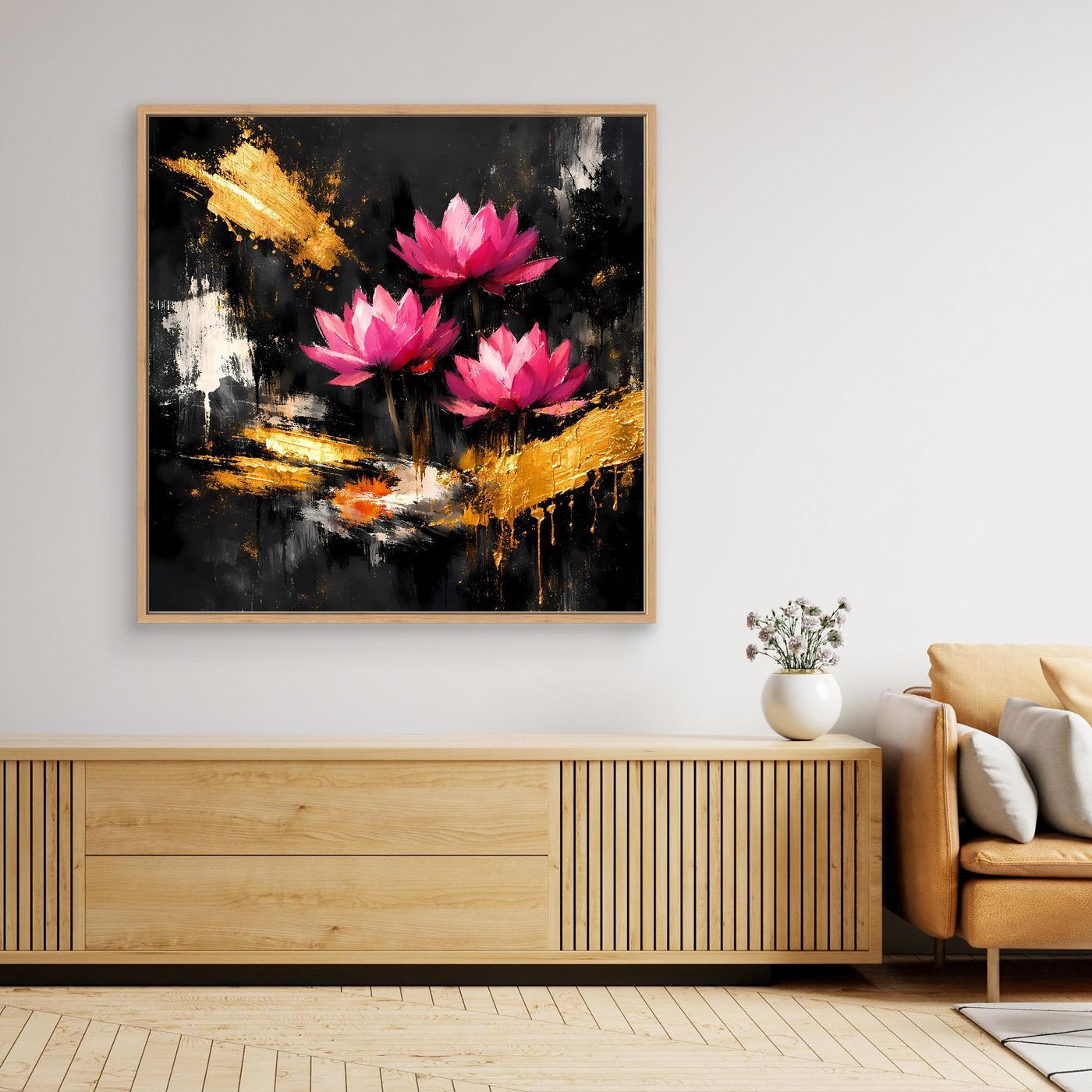 Leinwand Prachtvolle Lotusblüten in Pink und Gold | Modernes Abstraktes Blumen Wandbild
