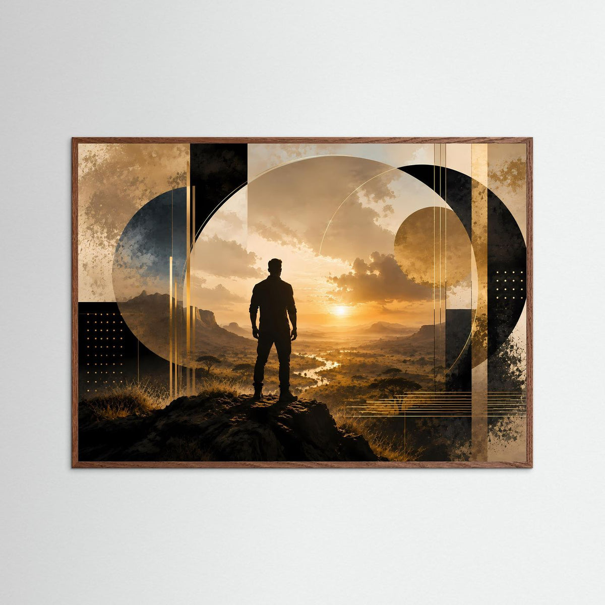 Poster im Querformat mit Holzrahmen, Silhouette eines Mannes und Kreisformen im Motiv