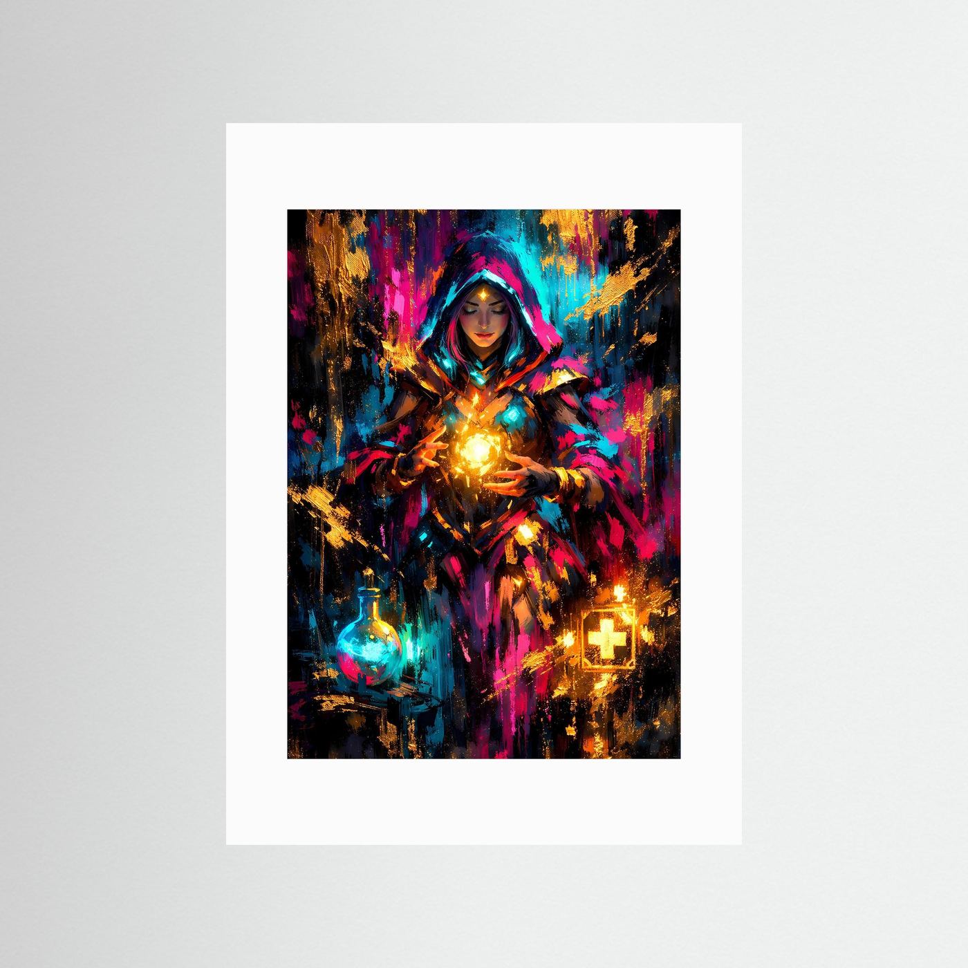 Hochformat-Poster mit weißem Rand und Fantasy-Zauberin, leuchtender Kugel, bunten Spritzern