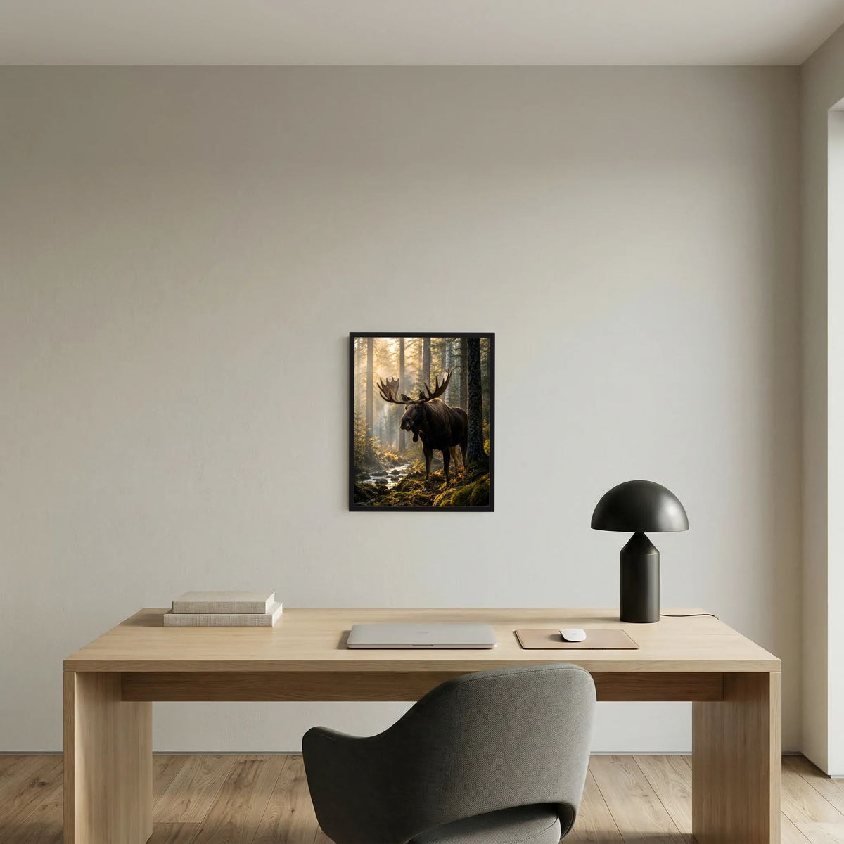 Naturposter im Hochformat mit Elch im Wald, warmes Sonnenlicht, schwarzer Rahmen