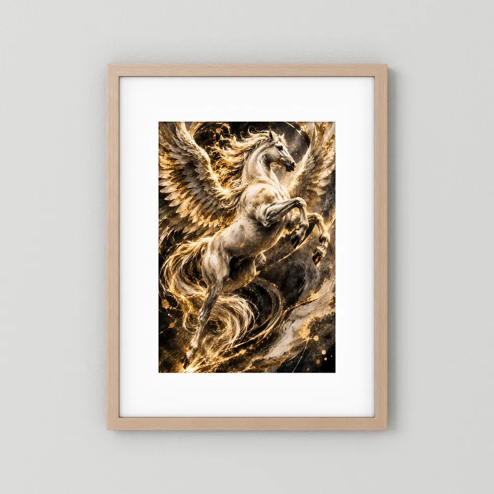 Pegasus-Poster im hellen Holzrahmen, geflügeltes Pferd in Gold und hellem Grau