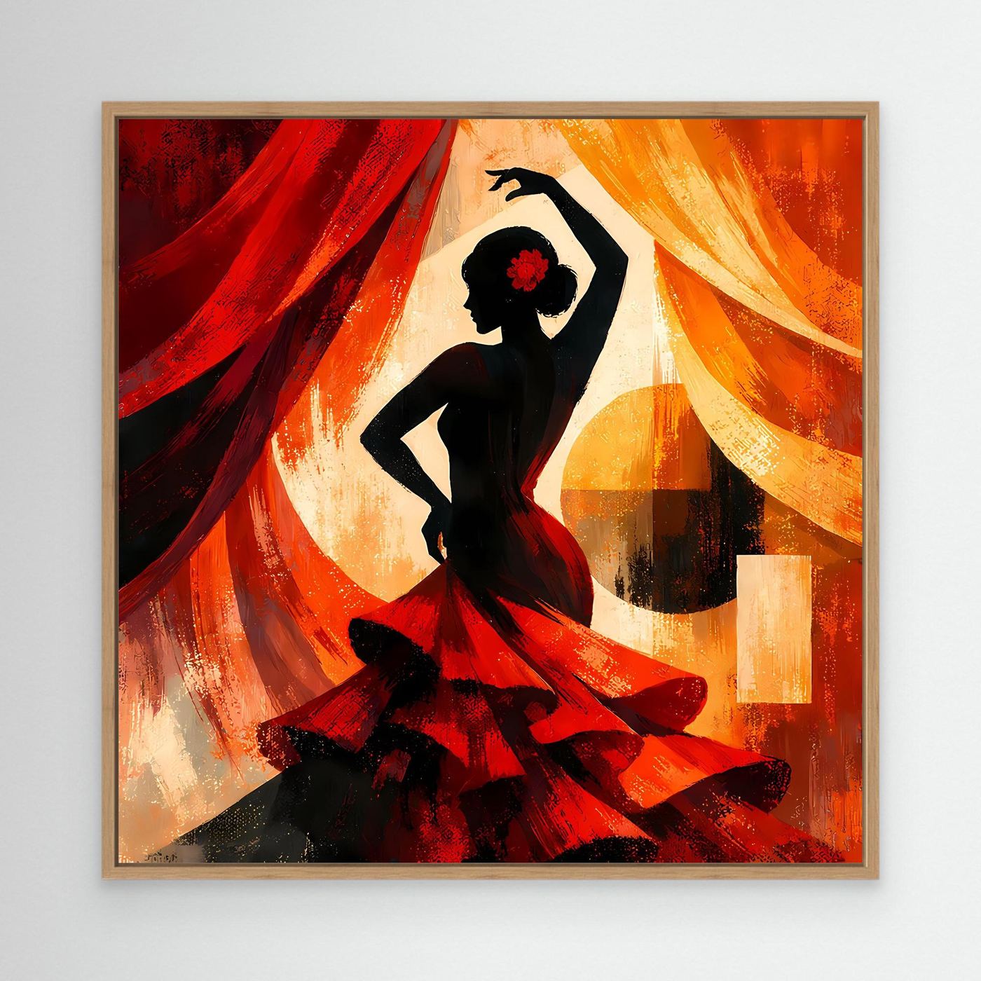 Leinwandbild im Eichenrahmen mit Flamenco-Silhouette: rote/orange Tücher, schwarze Tänzerin.