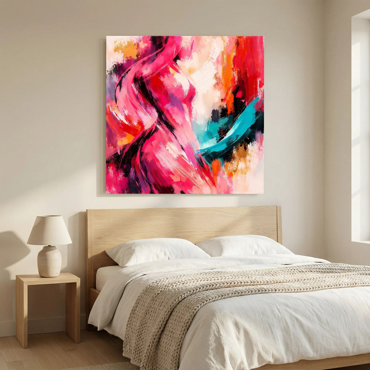 Leinwandbild mit abstrakter weiblicher Silhouette in Pink, Orange-Rot und Türkis