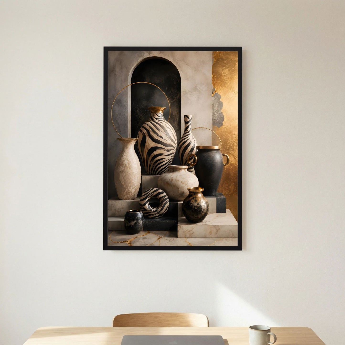 Poster im Hochformat: Zebra-Keramik-Stillleben, schwarze Vasen und Goldakzente, schwarzer Rahmen