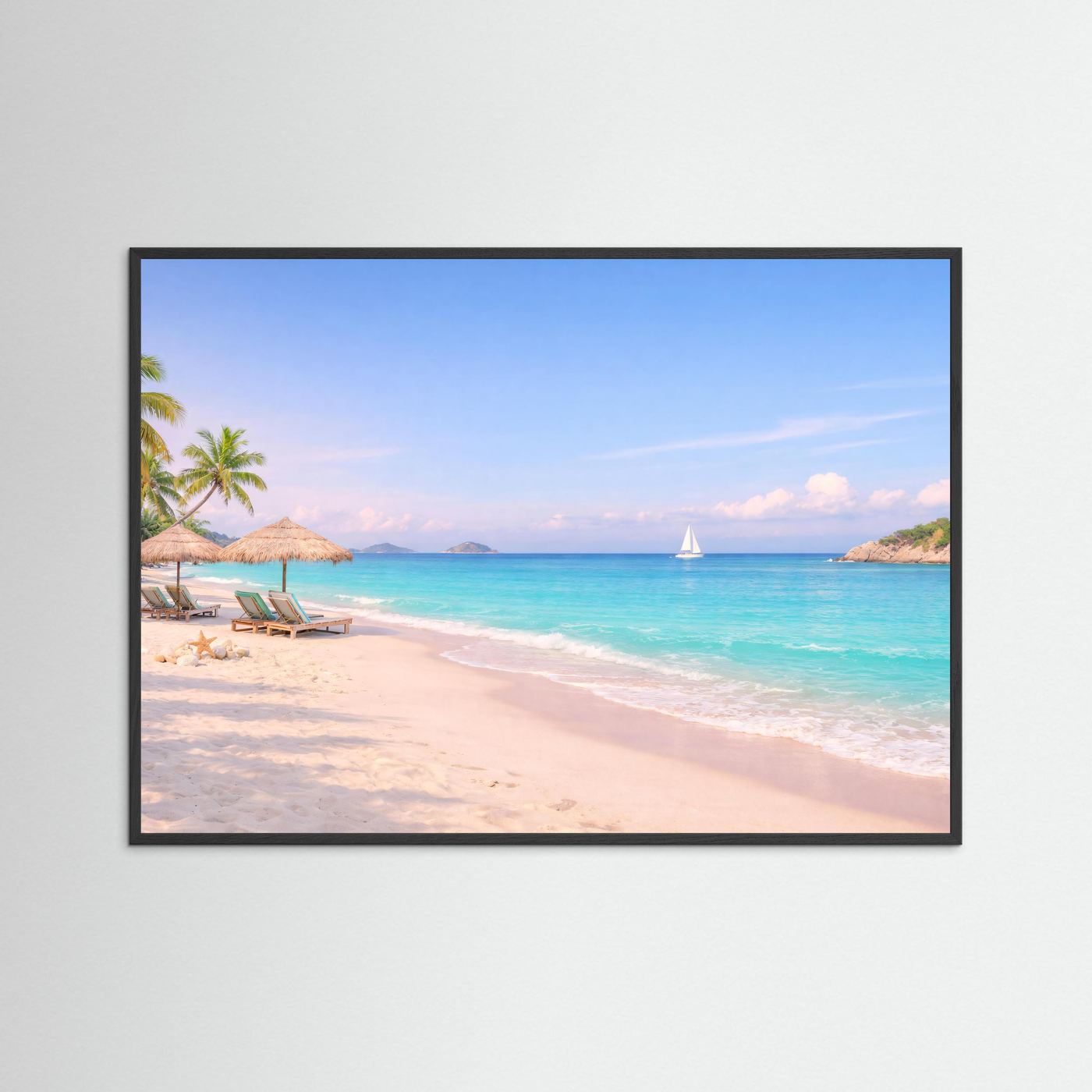 Poster Querformat mit Strandmotiv in schwarzem Rahmen: Palmen, türkisfarbenes Meer, Sand