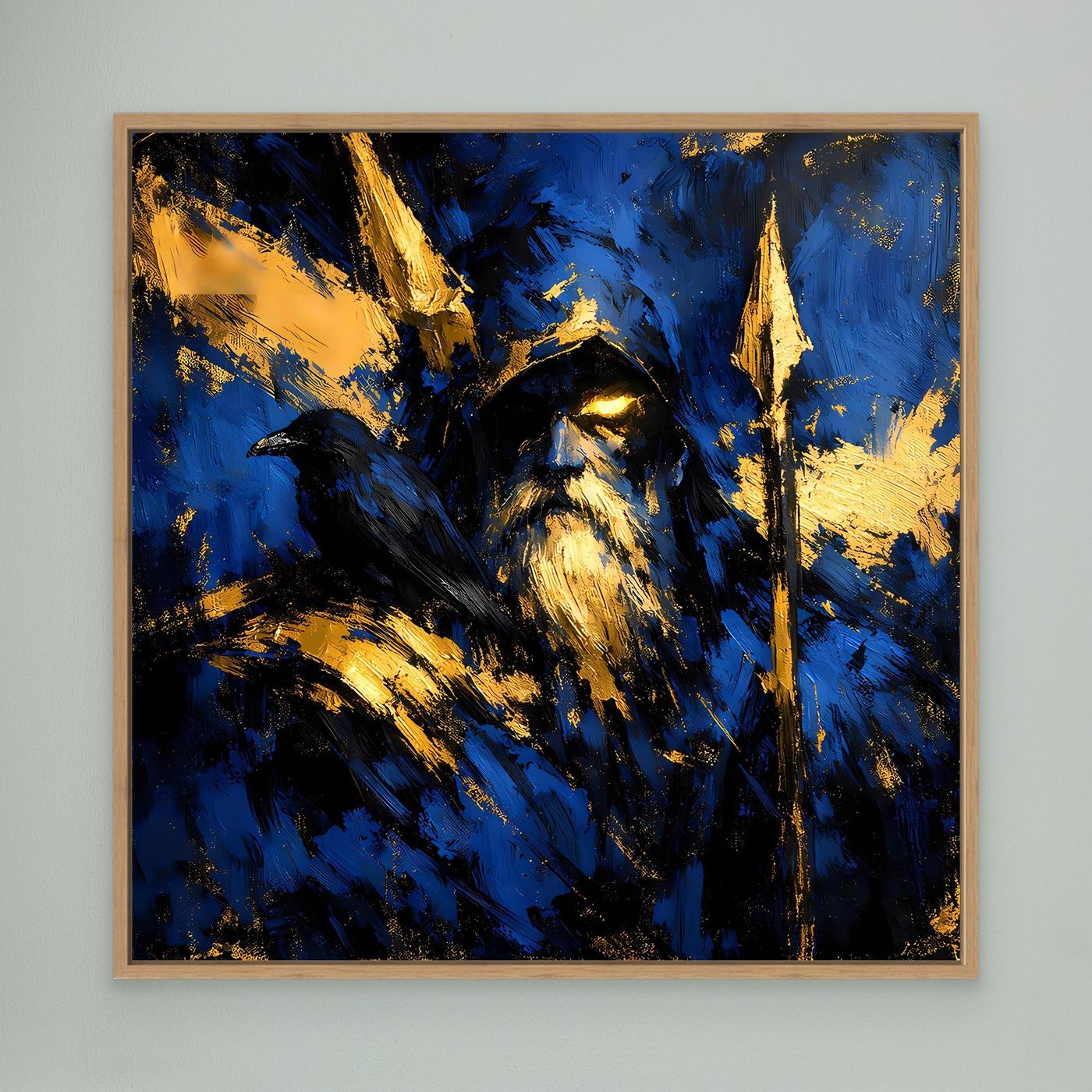 Leinwand Odin der Allvater in Blau und Gold | Modernes Nordische Mythologie Wandbild mit Rabe