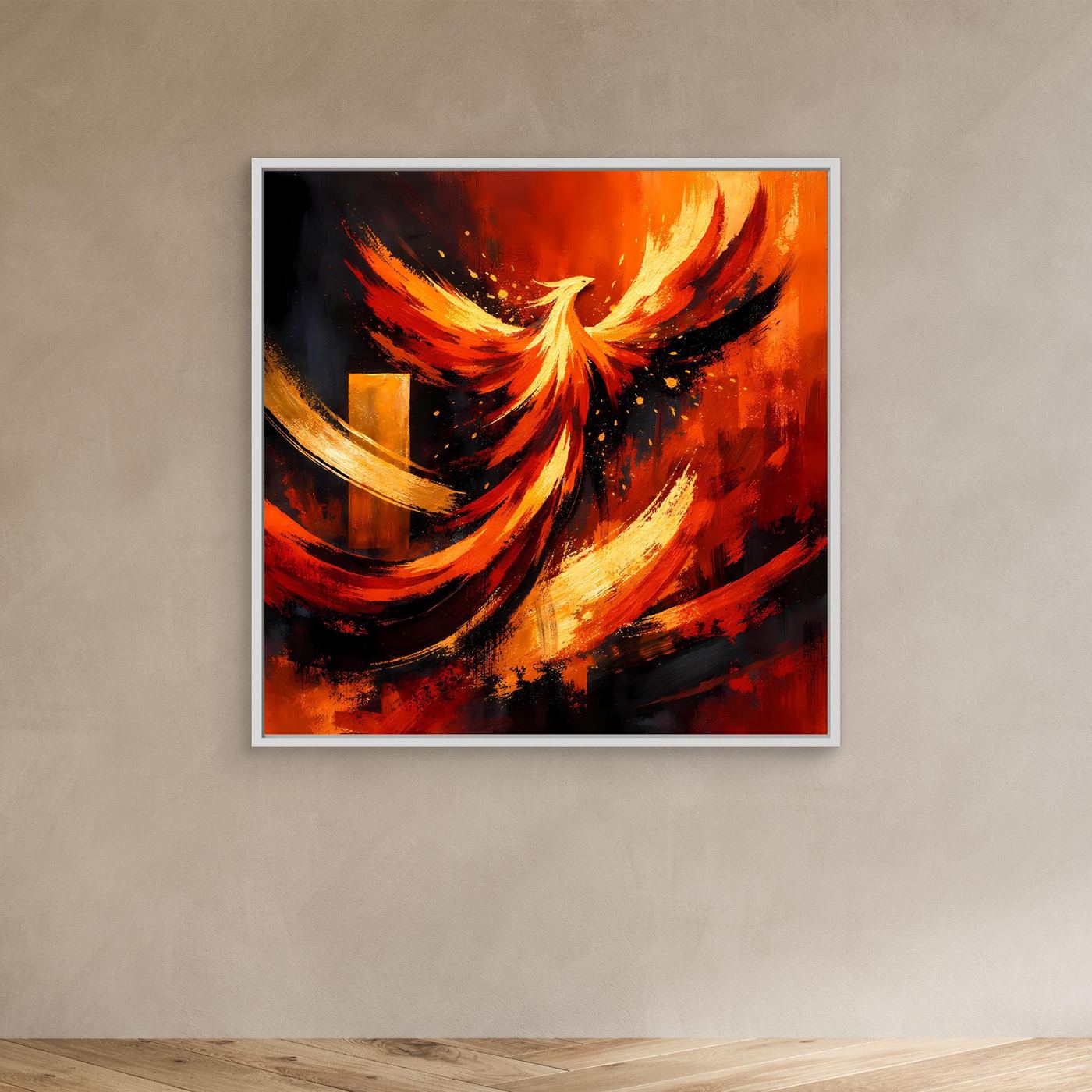Leinwand-Wandbild: Phönix aus Feuer, gelbe Flammenwirbel über roten Farbbahnen, ohne Randdetails