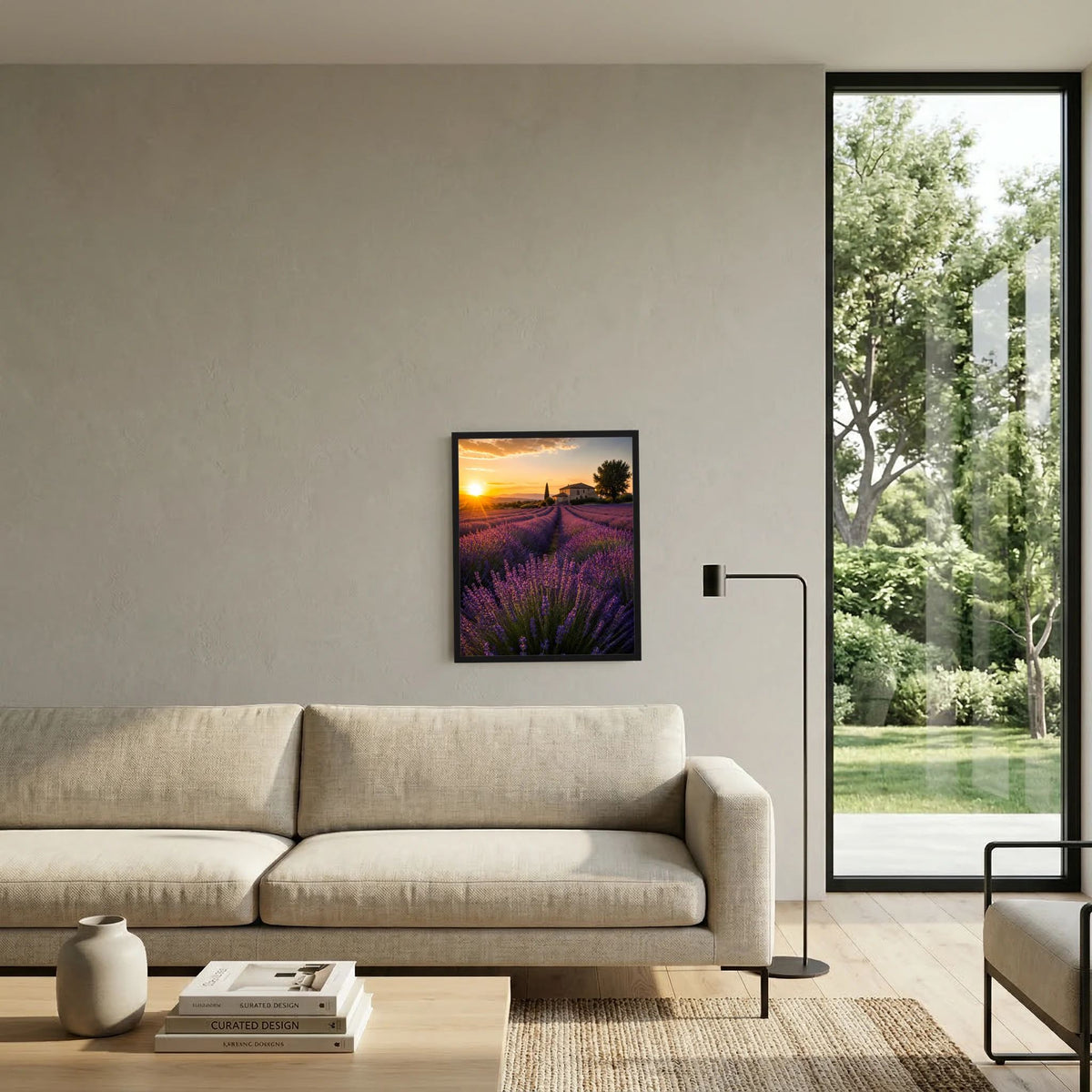 Gerahmtes Kunstposter im Hochformat: violette Lavendelfelder im goldenen Abendlicht