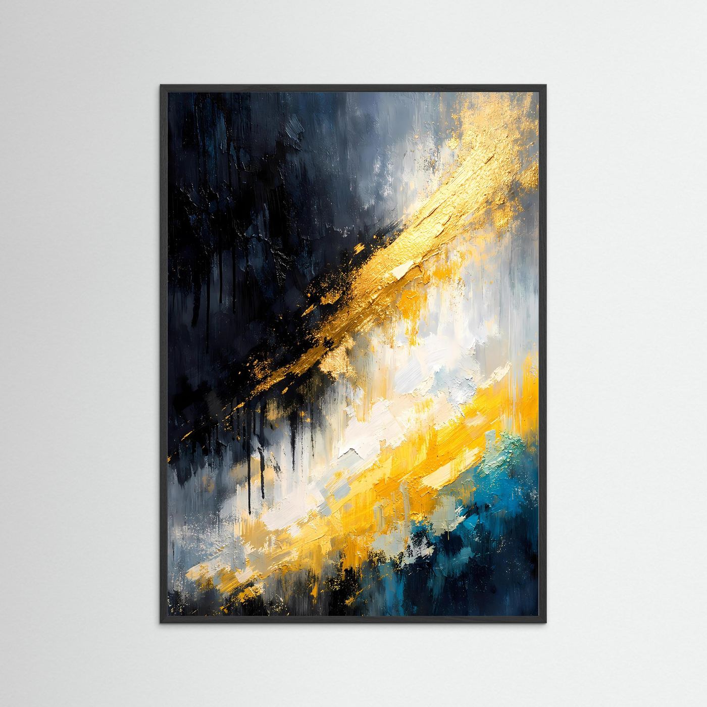 Abstraktes Poster im Hochformat mit goldfarbenem Strich, türkis-blauen Akzenten und schwarzem Rahmen