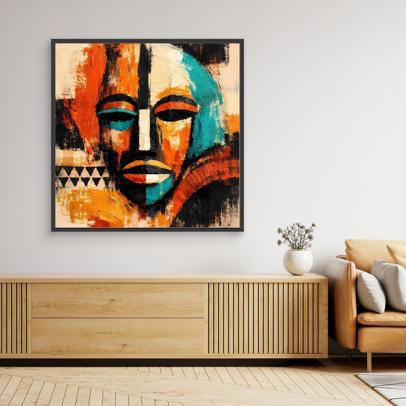 Framed canvas wall art of abstract face mask portrait, blue and orange tones, black frame