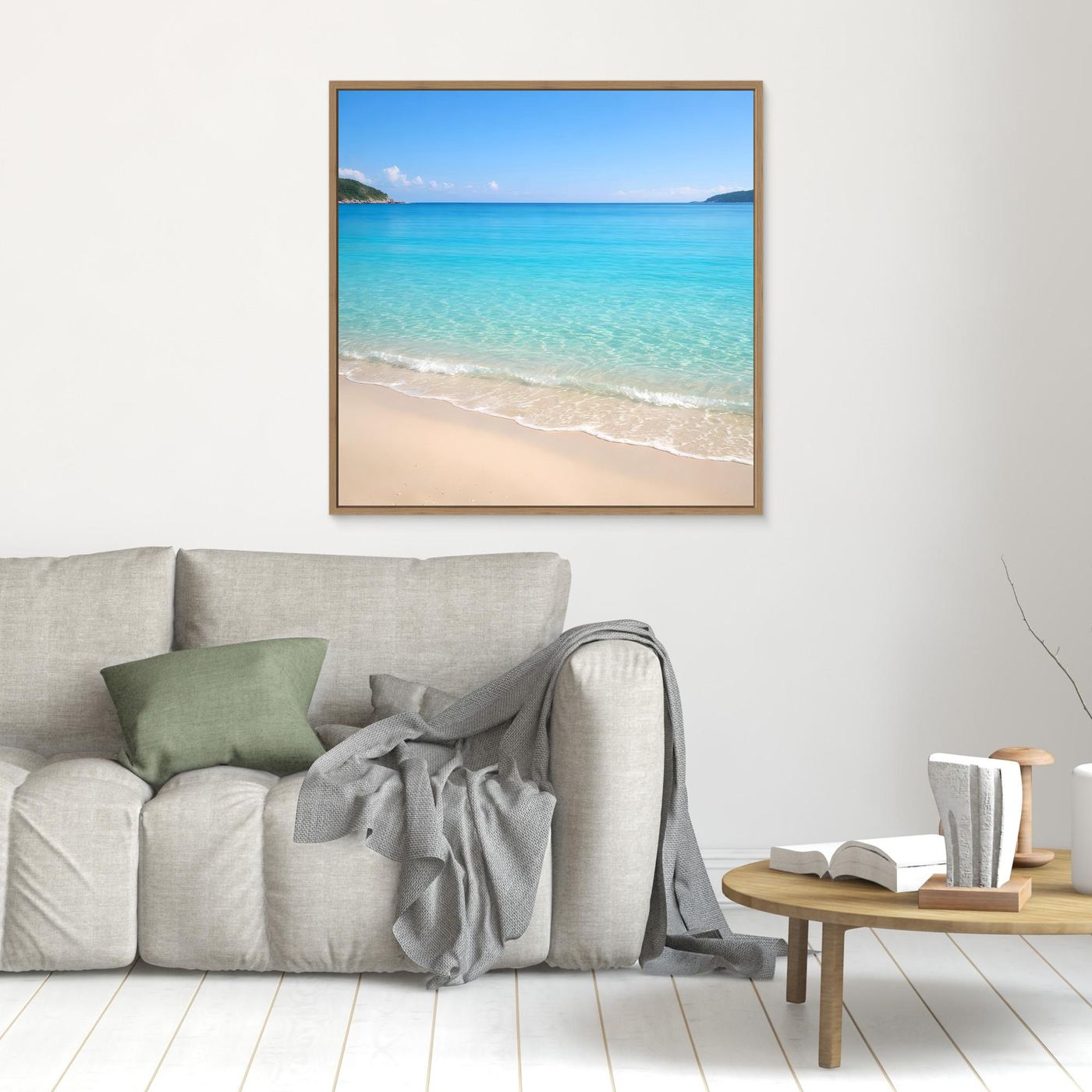 Kleines Leinwandbild mit tropischem Strandmotiv, türkisblaues Wasser und Sandstrand, Holzrahmen