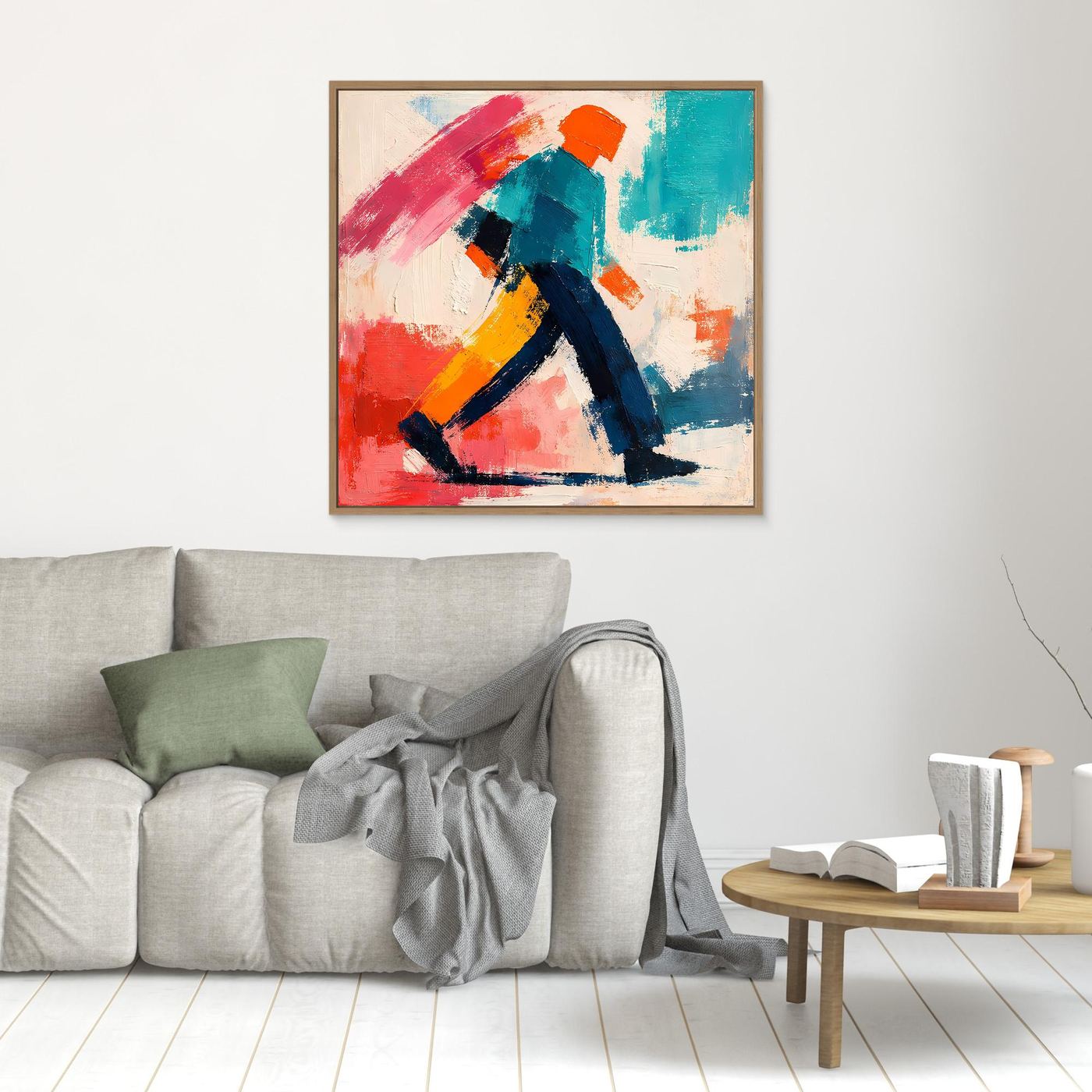 Abstract pop art wall canvas with walker figure, oak frame, red, teal and navy paint strokes.