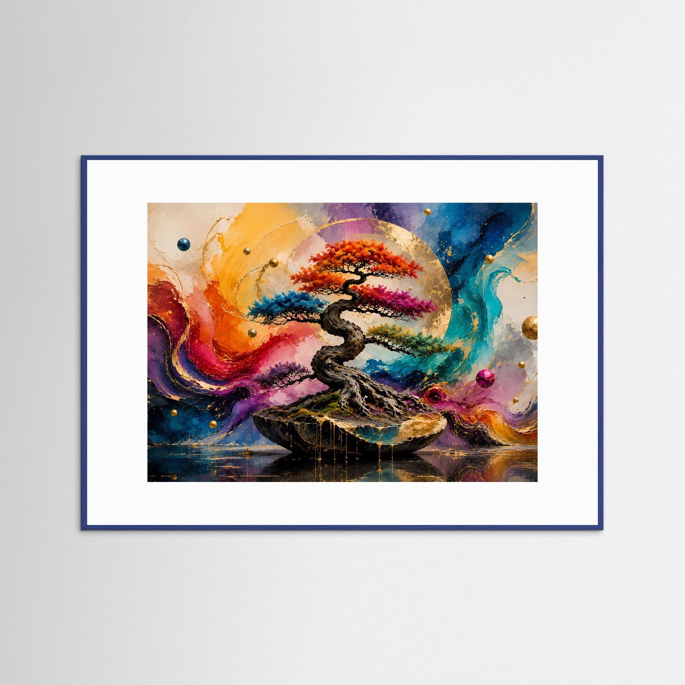 Abstrakter Bonsai in leuchtenden Farben | Japanische Kunst & Goldakzente