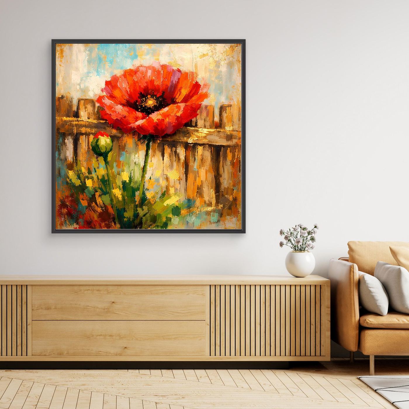 Leinwandbild mit leuchtender roter Mohnblume, in schwarzem Rahmen