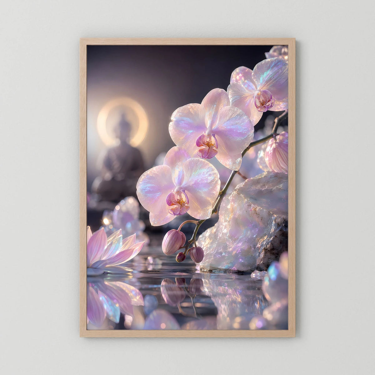 Hochformat-Poster mit Perlmutt-Orchideen, brauner Holzrahmen
