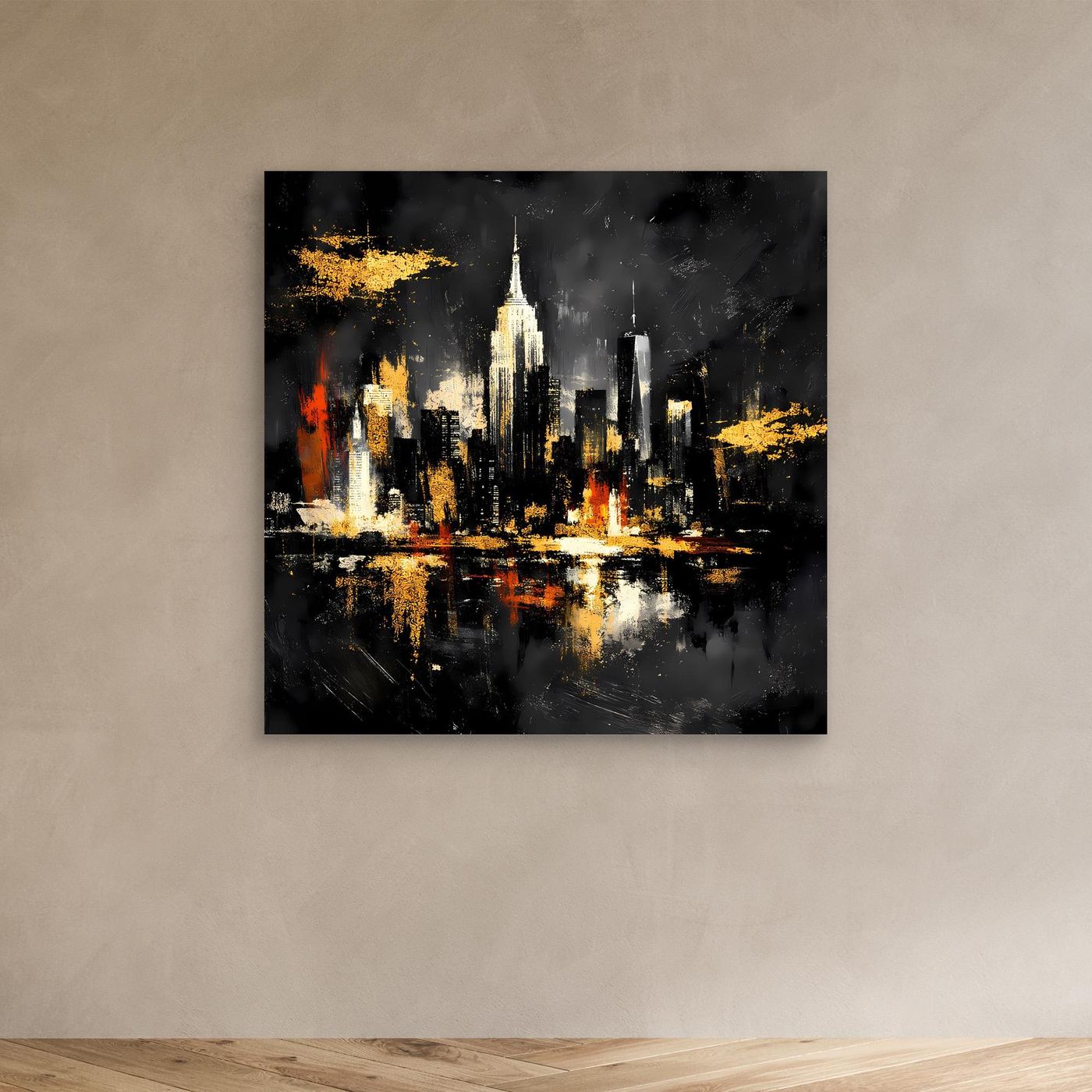 Leinwand Goldene New York Skyline bei Nacht | Abstraktes NYC Wandbild Modern