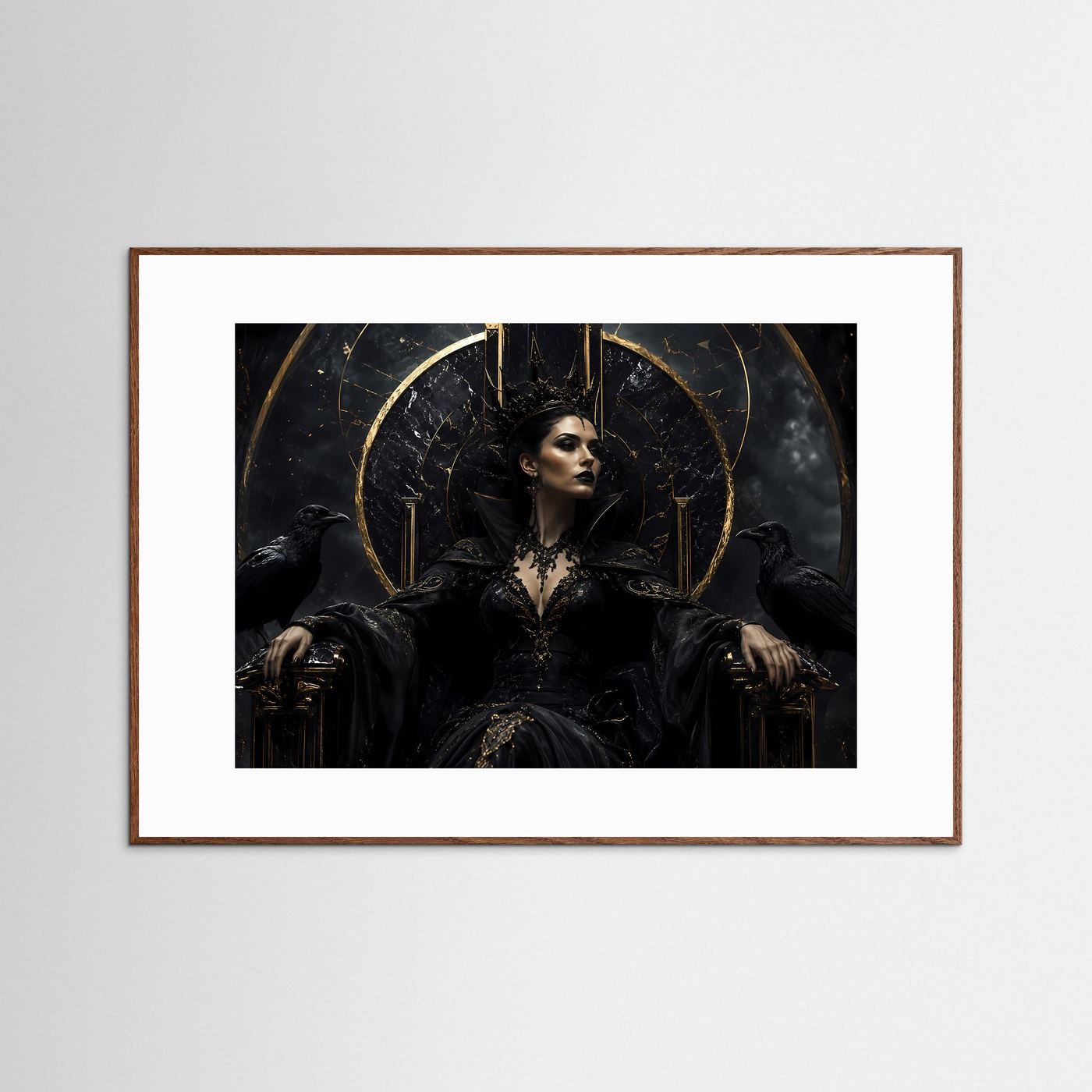 Dunkle Königin auf Marmorthron – Gothic Fantasy Motiv mit Krone & Raben