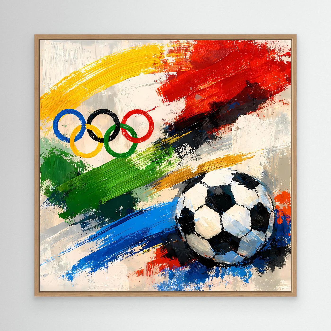 Leinwandbild mit abstraktem Fußball und olympischen Ringen im Eichenrahmen