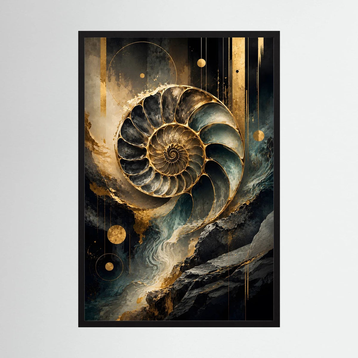 Poster im schwarzen Rahmen mit abstraktem Ammonitenmotiv in Gold, Schwarz und Petrol, Hochformat