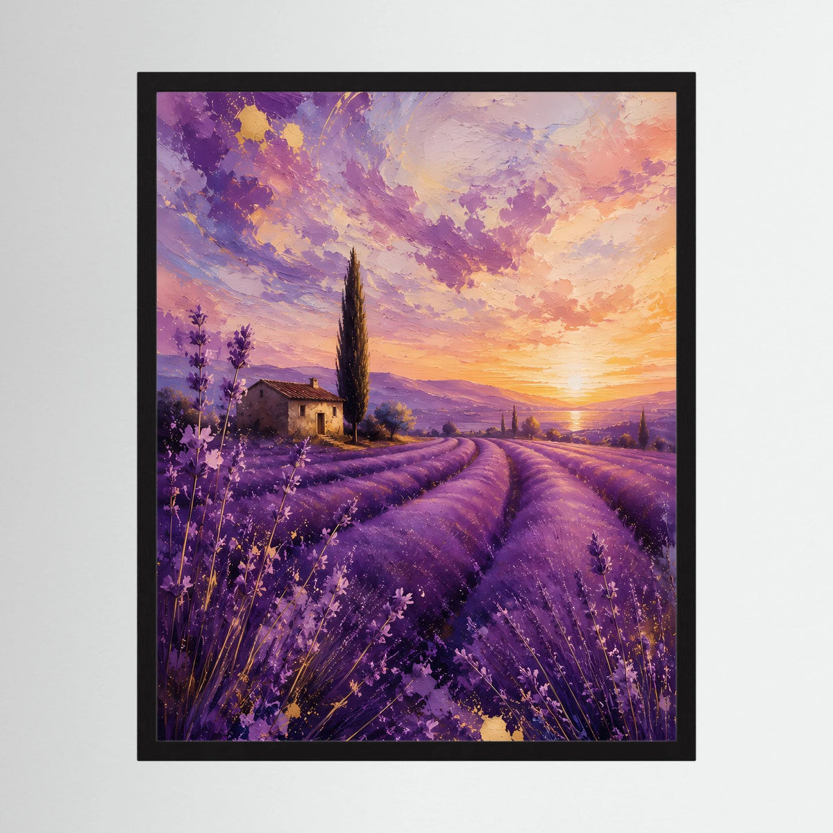 Hochformatiges Poster mit Lavendelfeld, Sonnenuntergang; schwarze Einfassung.