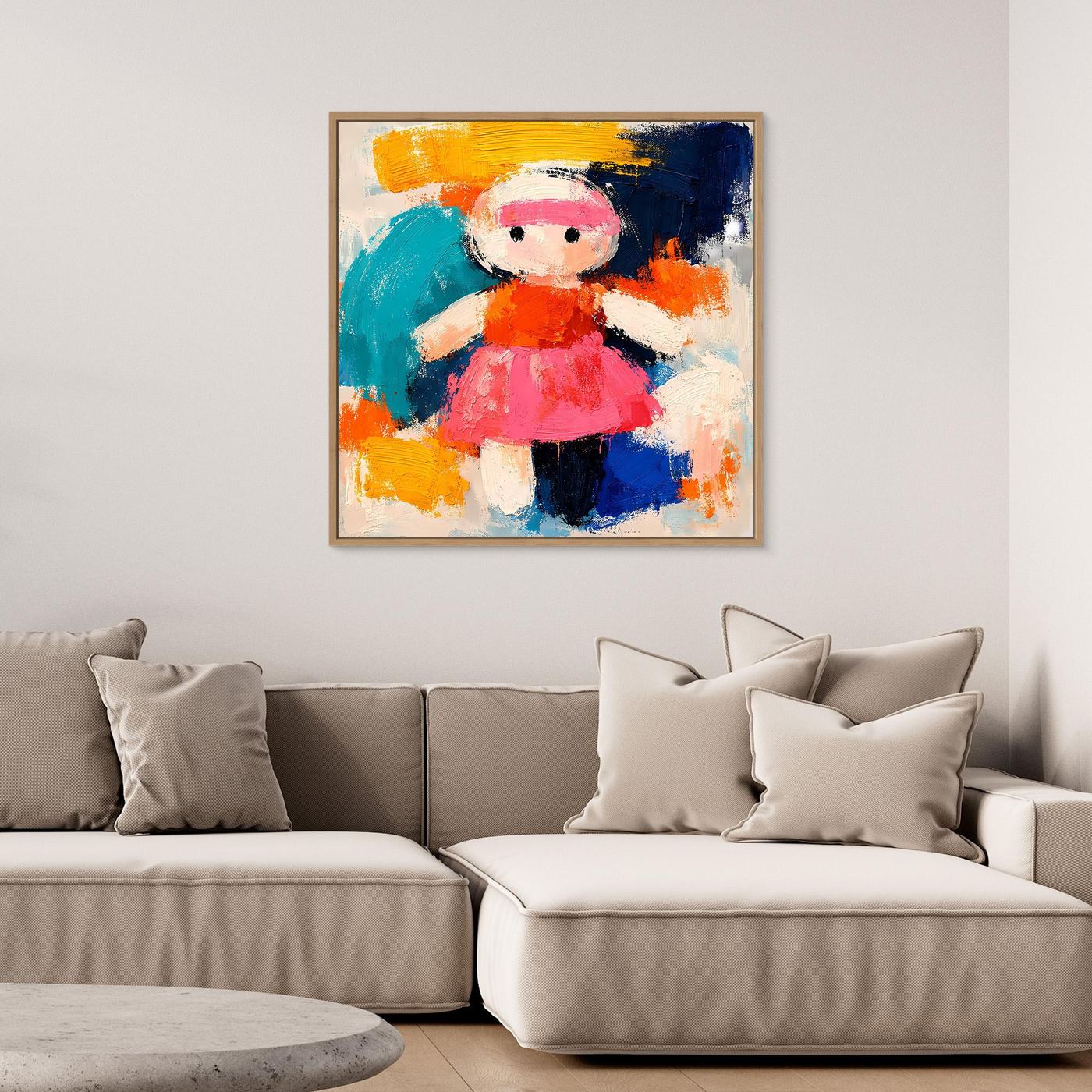 Abstract canvas wall art with colorful doll figure and modern brushstrokes, oak wood frame